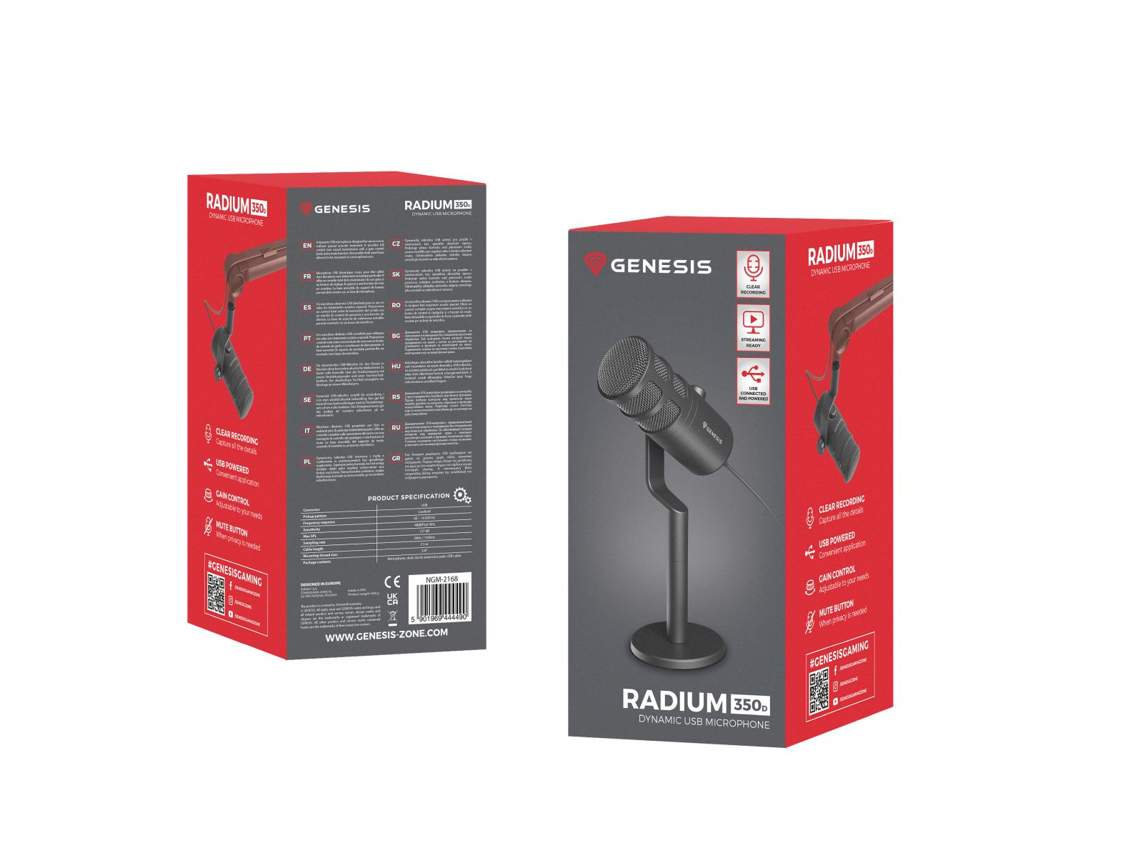 Microfono USB Genesis Radium 350D su supporto, confezione a sinistra, microfono a destra.