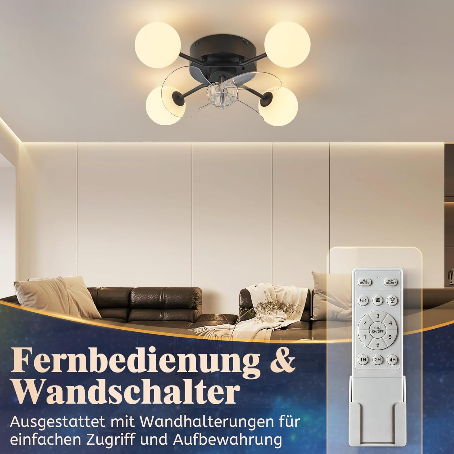 Ventilatore da soffitto con quattro luci e telecomando, su un divano sullo sfondo.