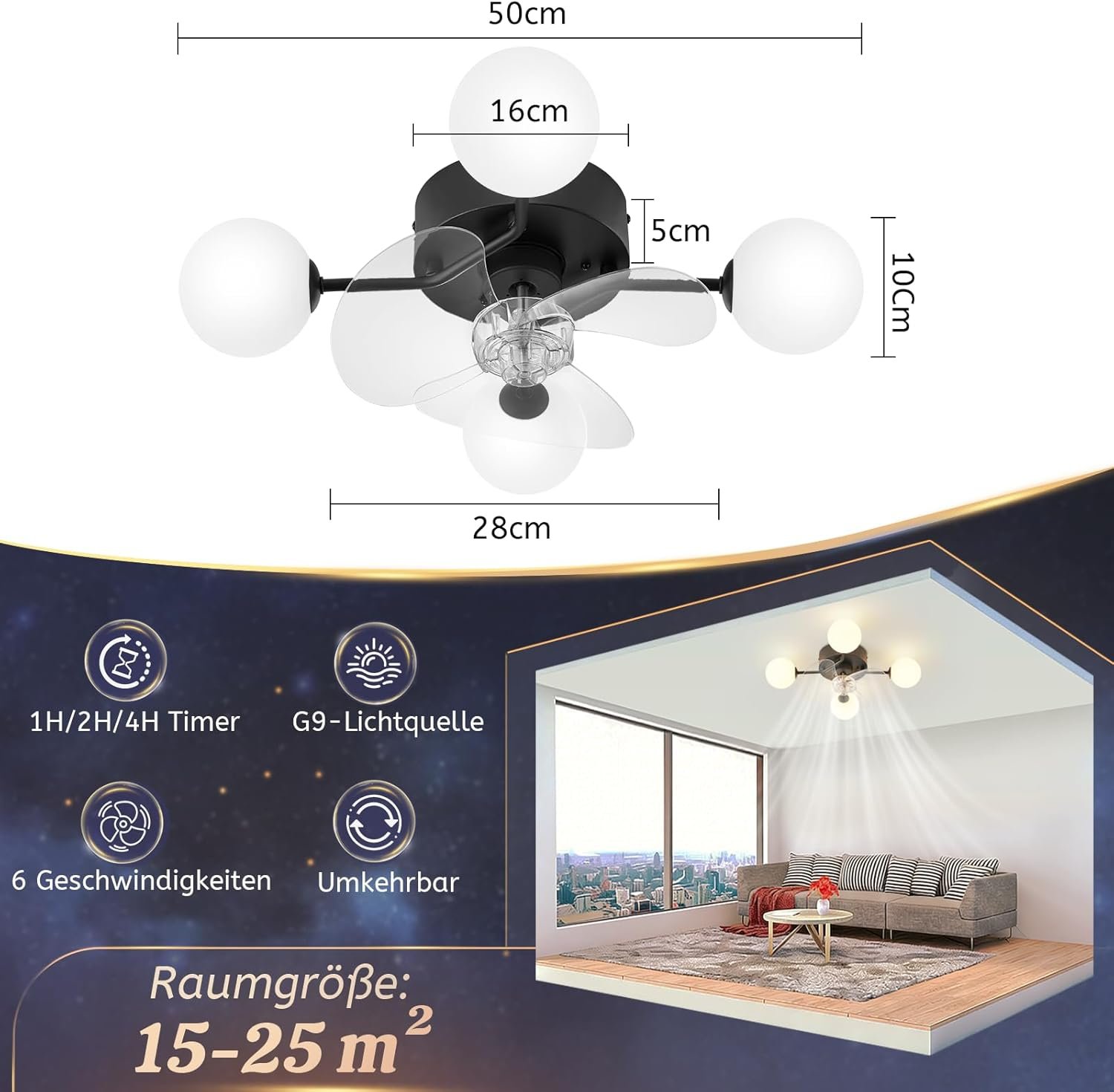 Lampada da soffitto con ventilatore: dimensioni, timer, velocità, sorgente luminosa.