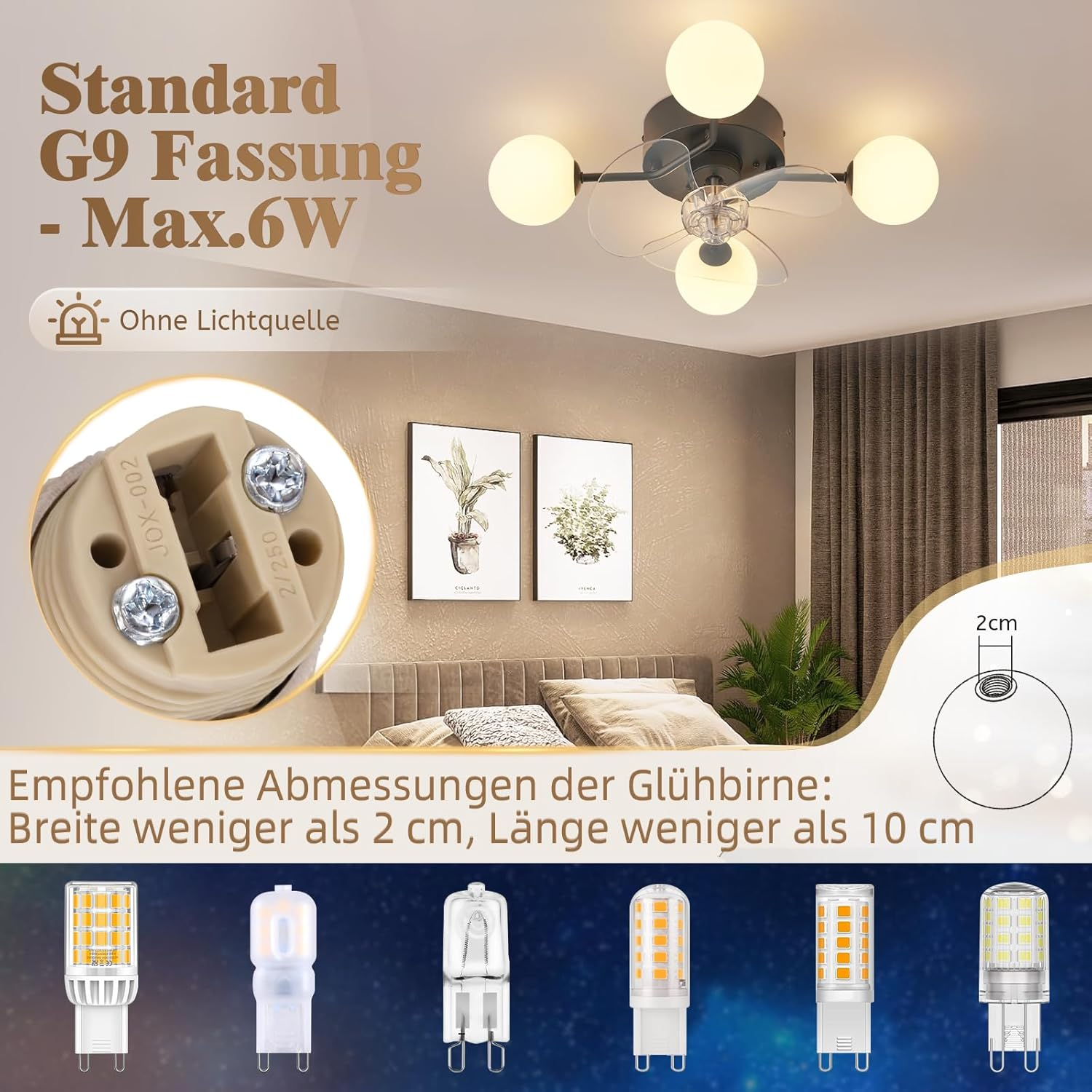 Lampadario con ventilatore, attacco G9, lampadine varie.