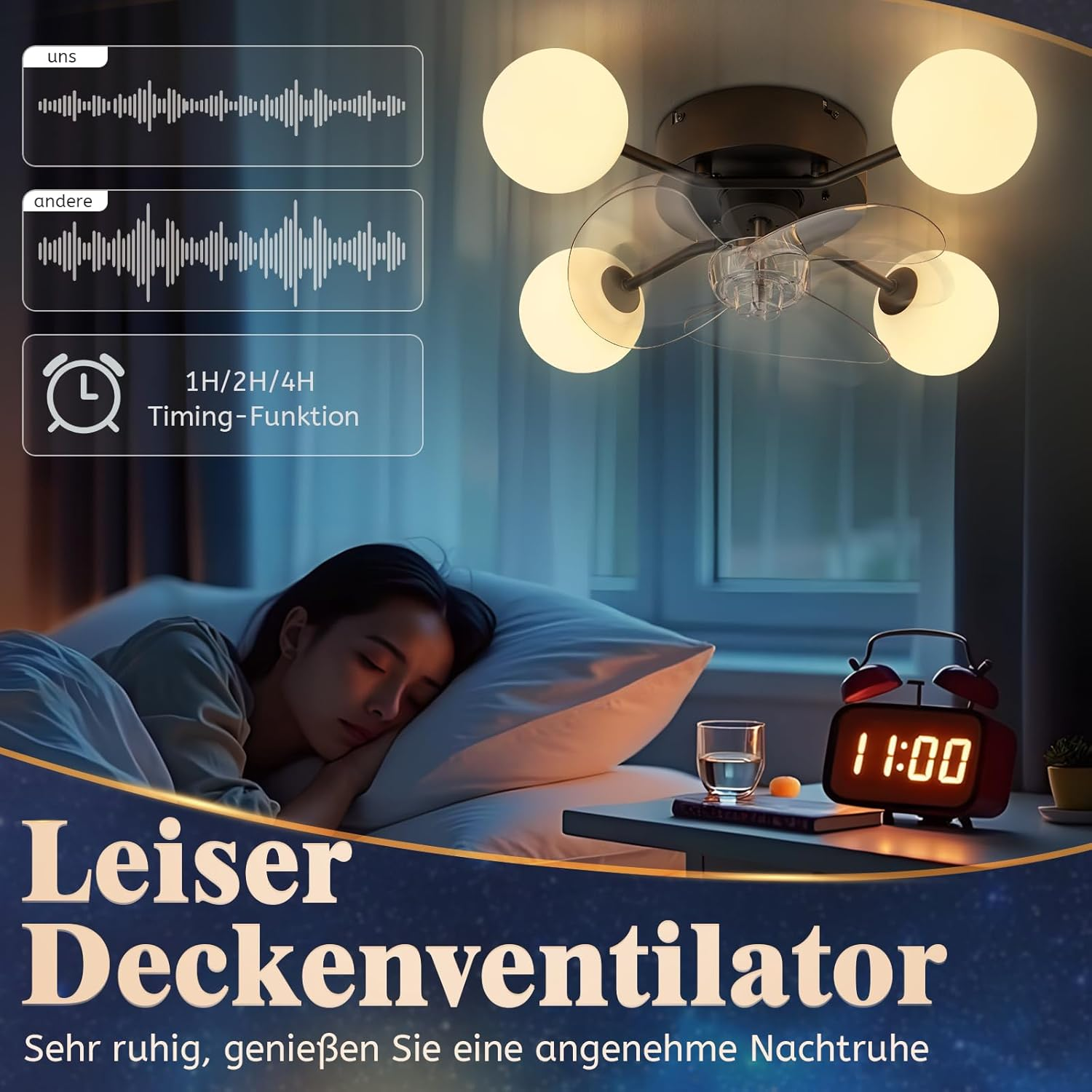 Persona che dorme accanto a sveglia e ventilatore a soffitto con luci.