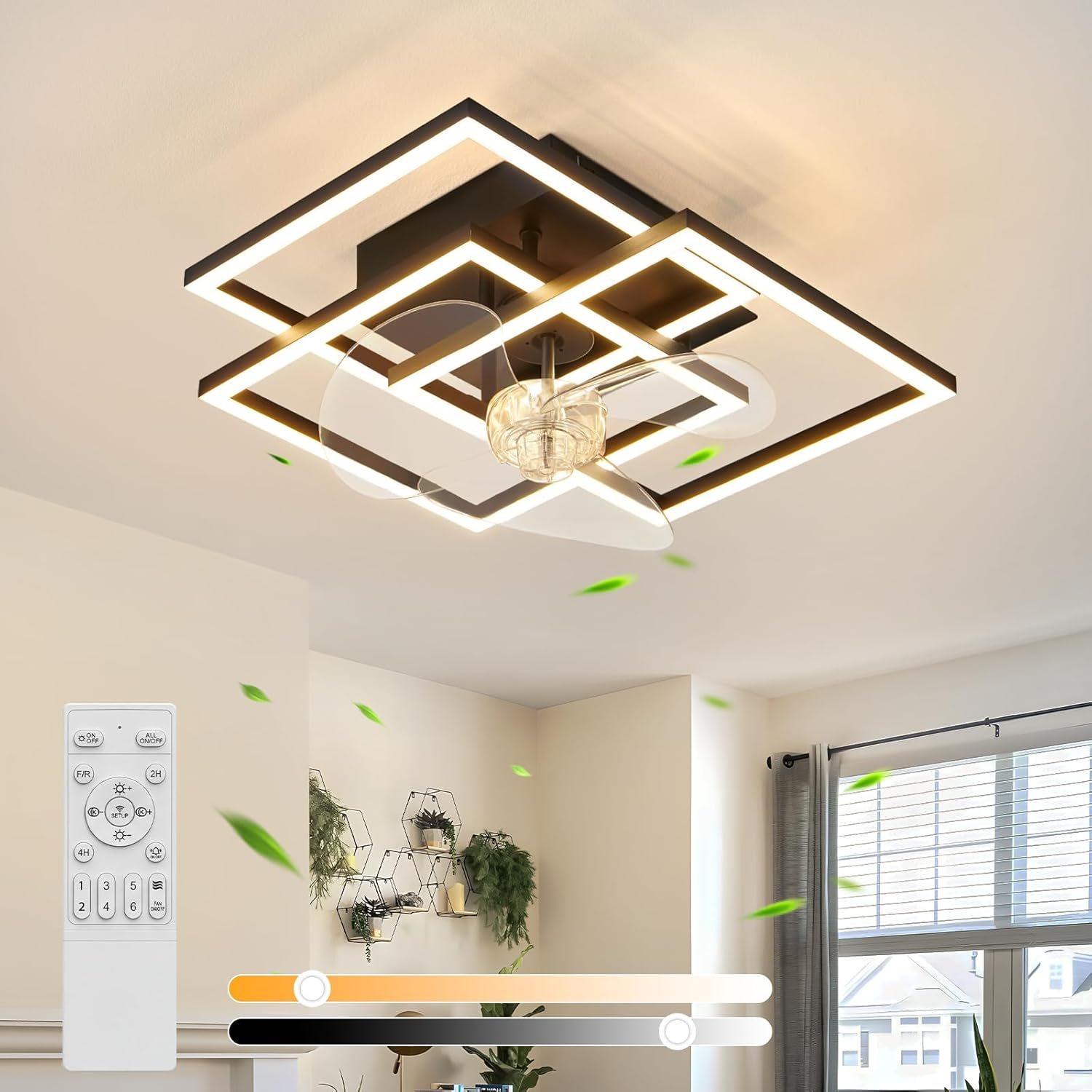 Lampada da soffitto moderna con ventilatore e telecomando in soggiorno.