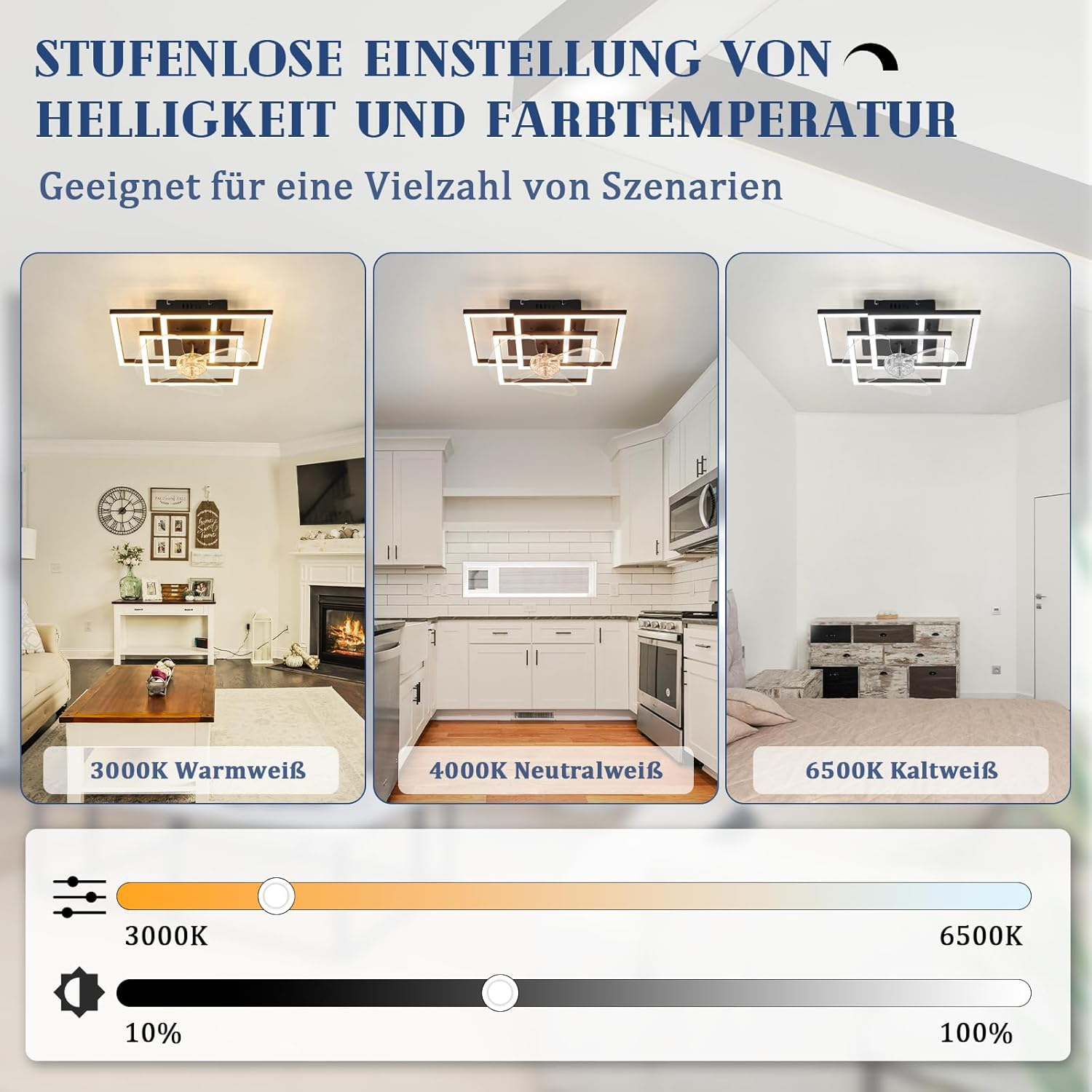 Lampada da soffitto in tre scenari: soggiorno, cucina, camera da letto. Luminosità e temperatura colore regolabili.