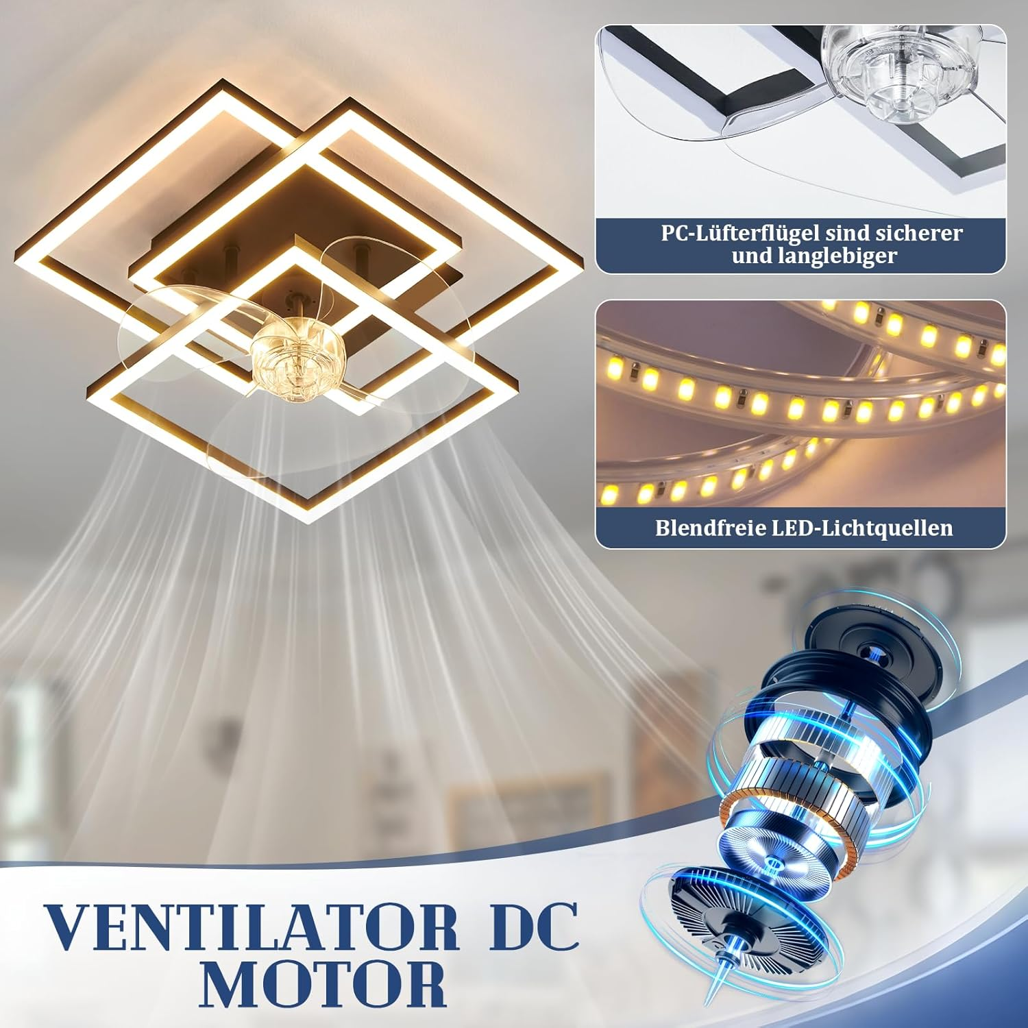 Lampadario moderno con ventilatore e illuminazione LED, motore DC.