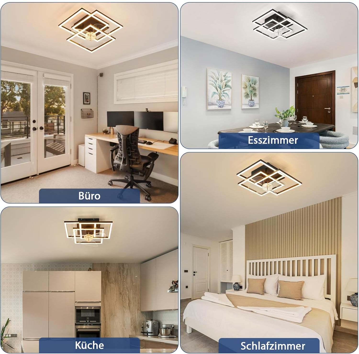Un collage che mostra un ufficio domestico, sala da pranzo, cucina e camera da letto, ognuno con una moderna lampada da soffitto.