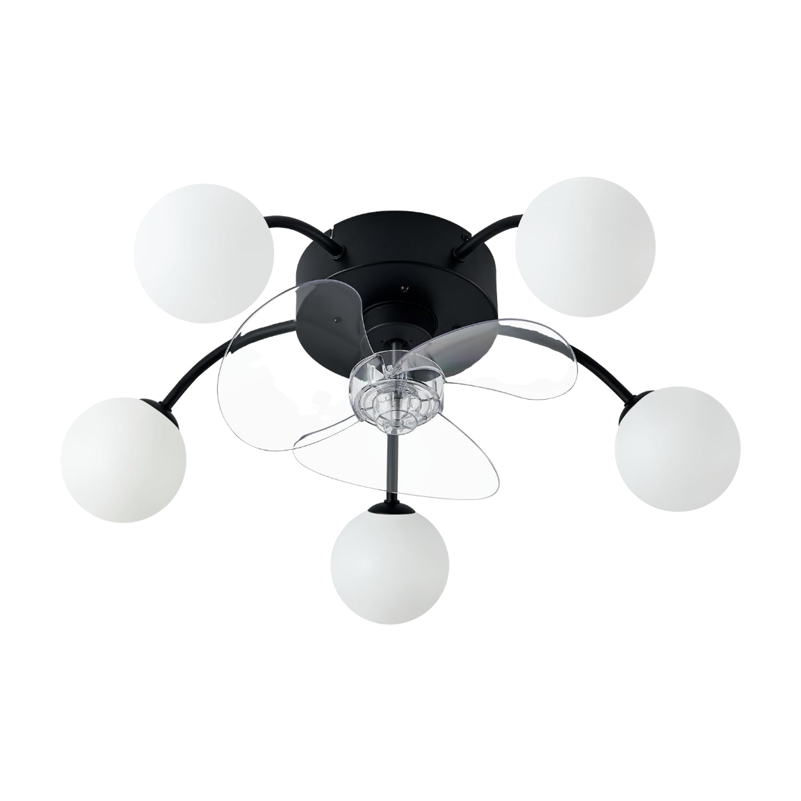 Ventilatore da soffitto nero con cinque luci a globo bianche e pale trasparenti.