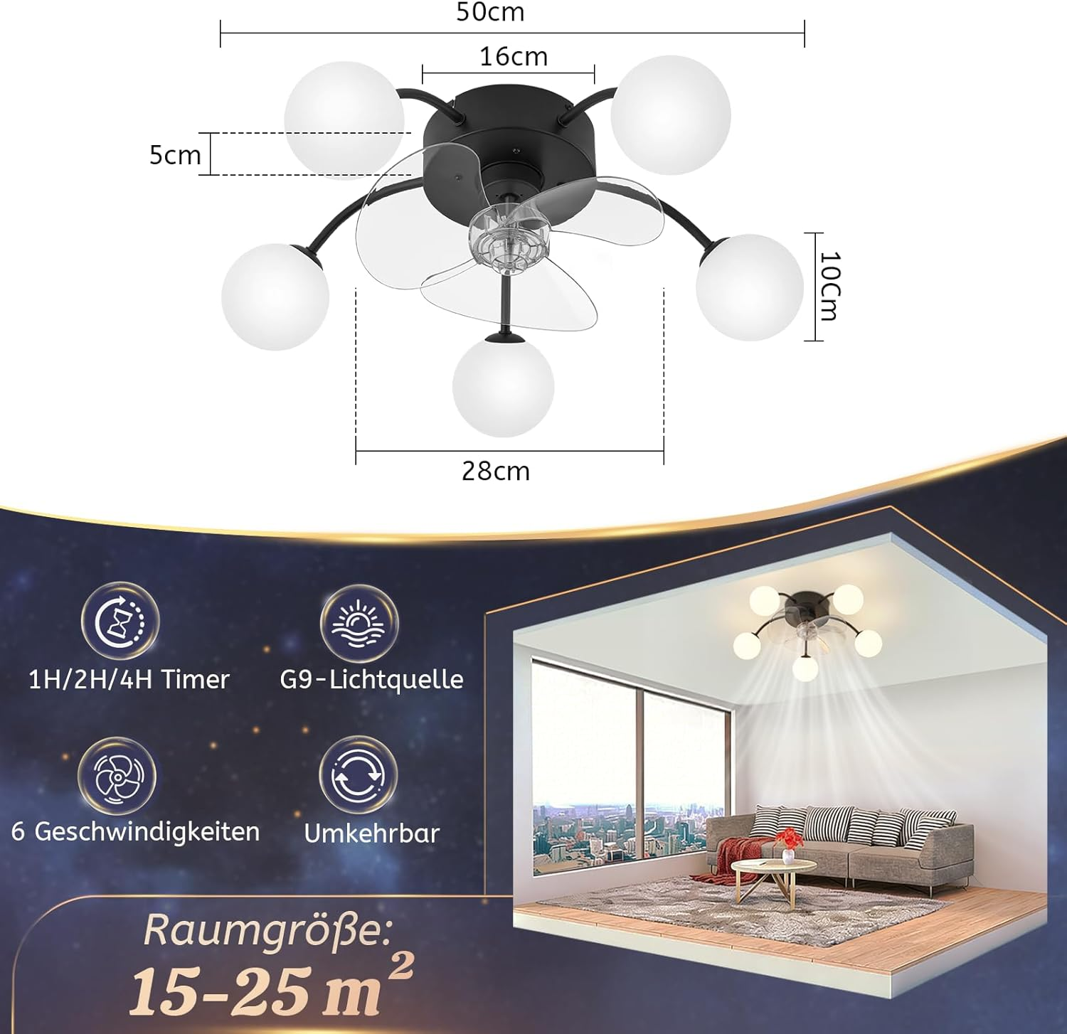 Ventilatore da soffitto con 5 luci e dimensioni, in un soggiorno.
