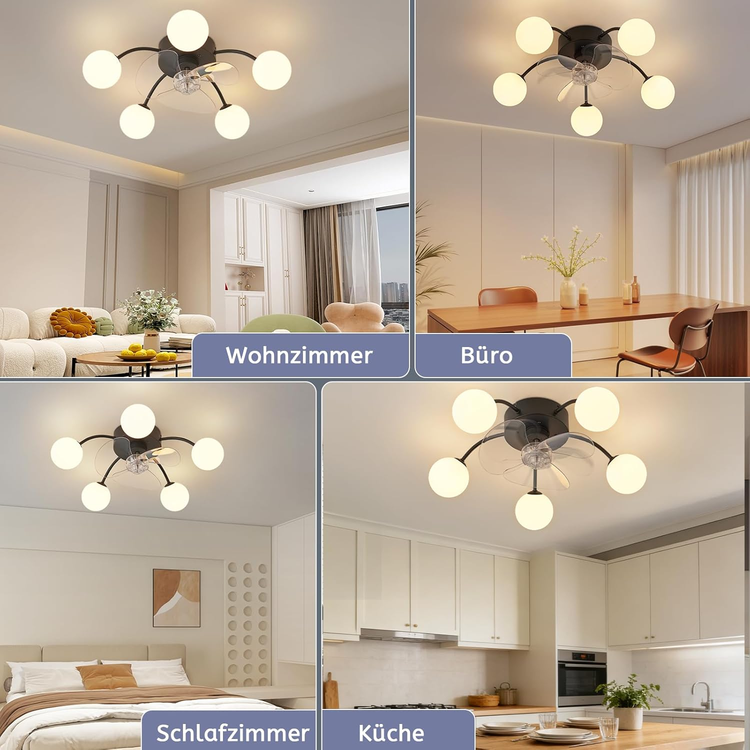 Lampadario con ventilatore in soggiorno, ufficio, camera e cucina.