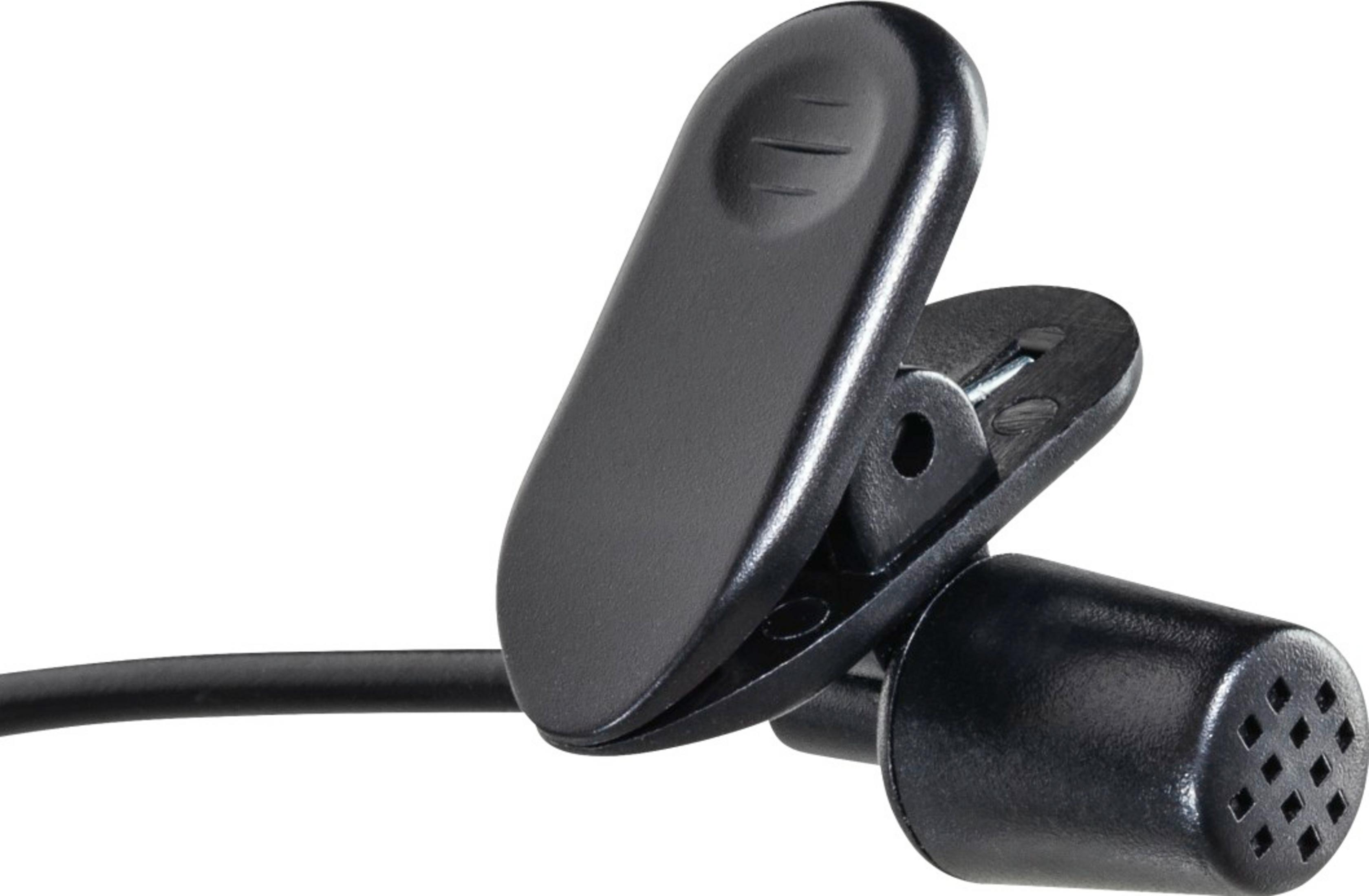 Un microfono a bavero nero con clip e un piccolo altoparlante.
