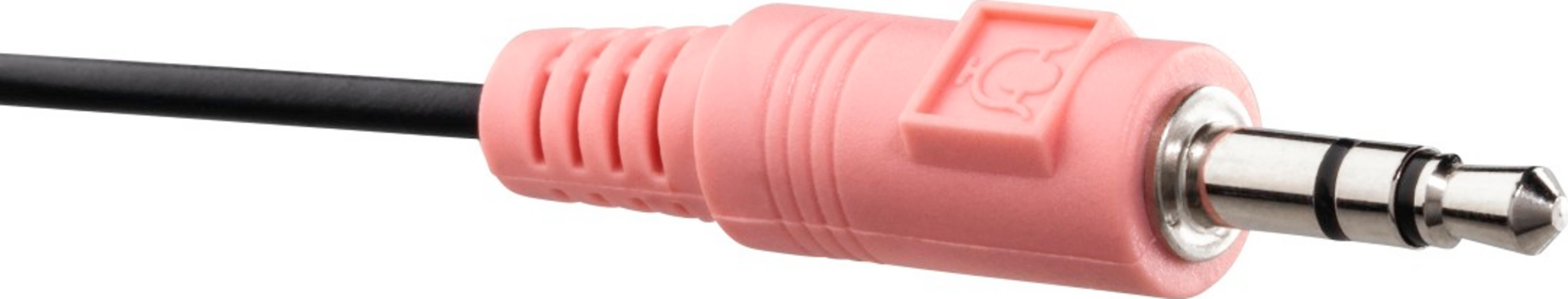 Un jack audio rosa con cavo nero su sfondo bianco.