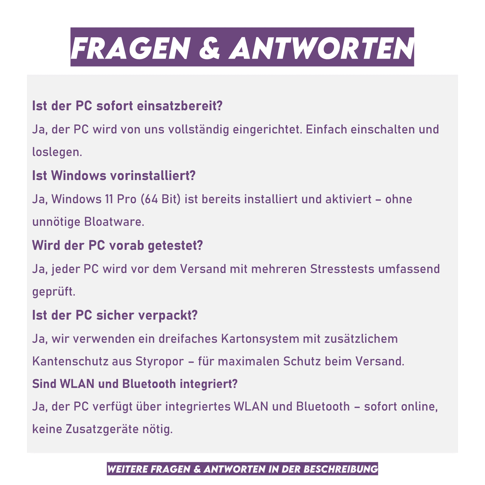 Fragen & Antworten zu PCs: Einsatzbereitschaft, Windows, Tests, Verpackung, WLAN/Bluetooth.