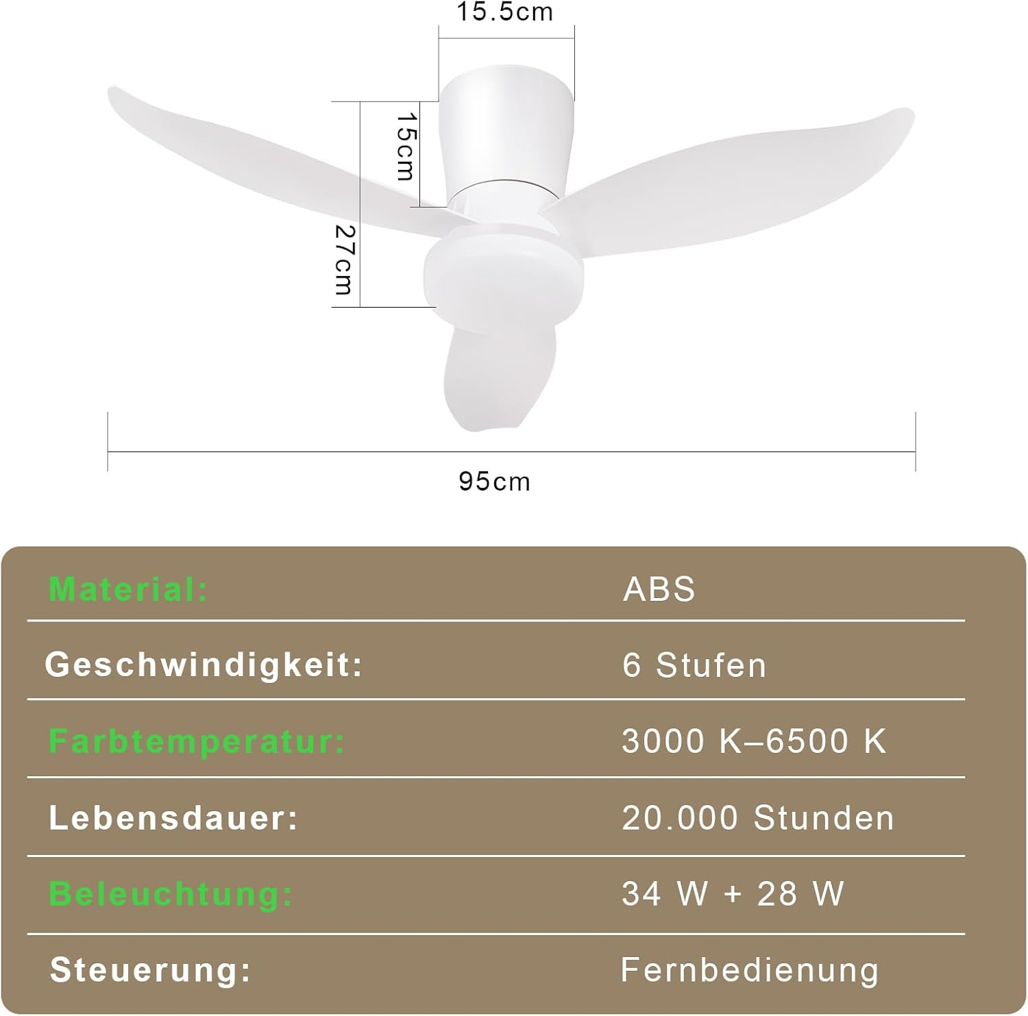 Un moderno ventilatore da soffitto bianco con luce, diametro 95cm.