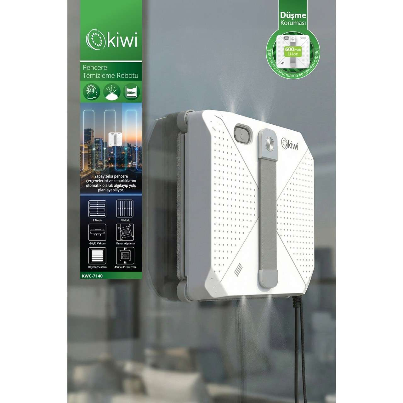 Beyaz Kiwi pencere temizleme robotu cama yapışır, su püskürtür.