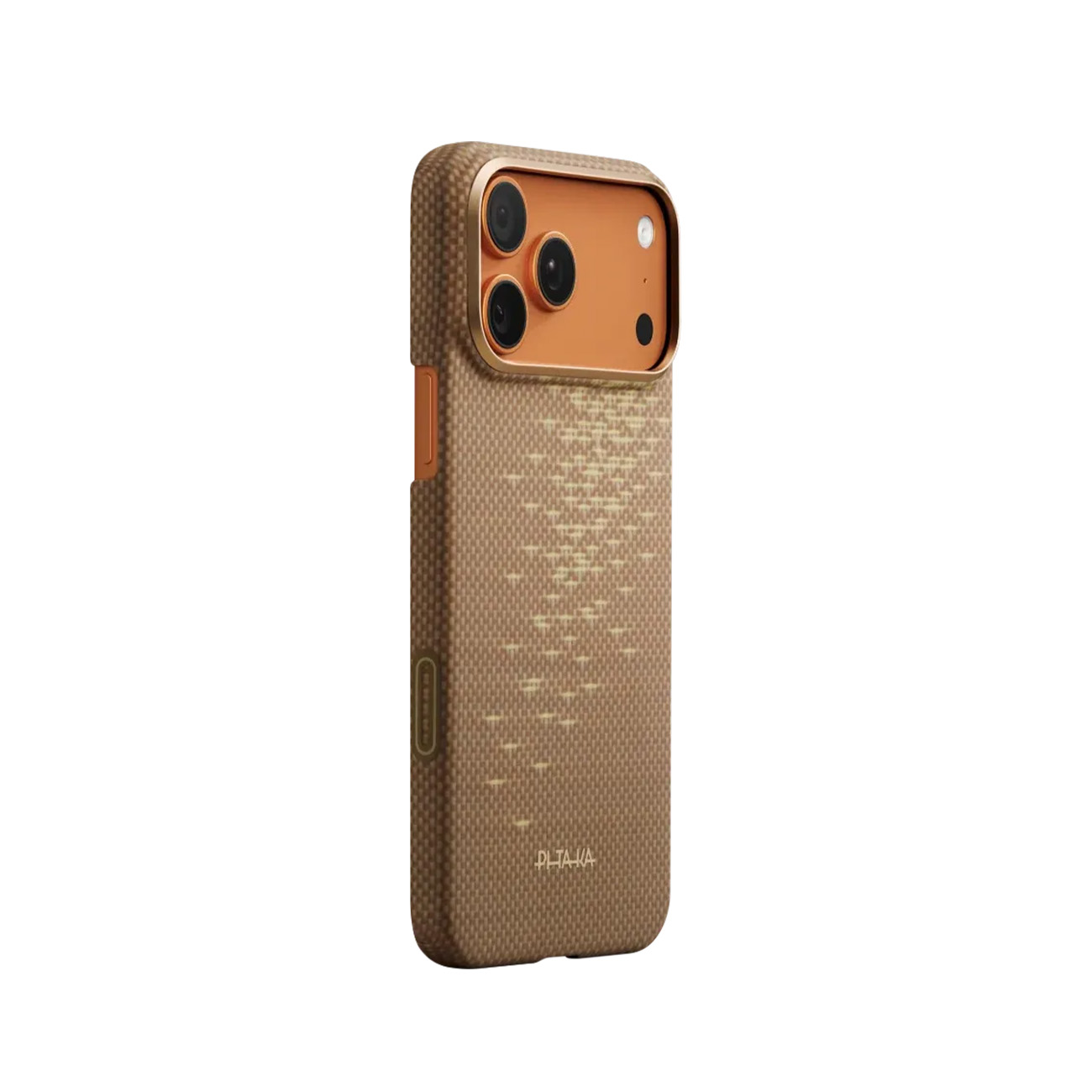 Funda de teléfono marrón con recorte de cámara y patrón.
