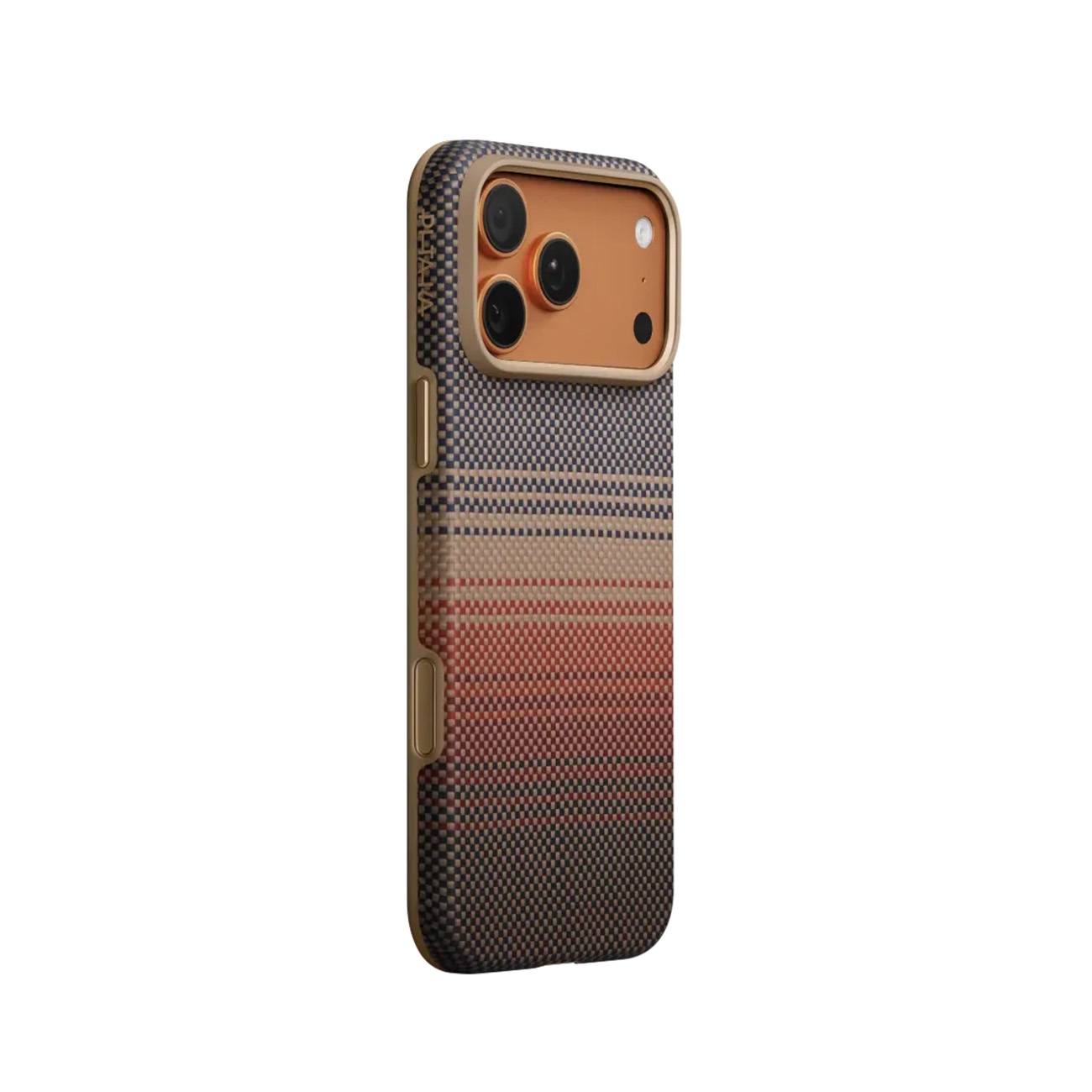 Funda de iPhone con patrón de rayas y lentes de cámara en bronce.