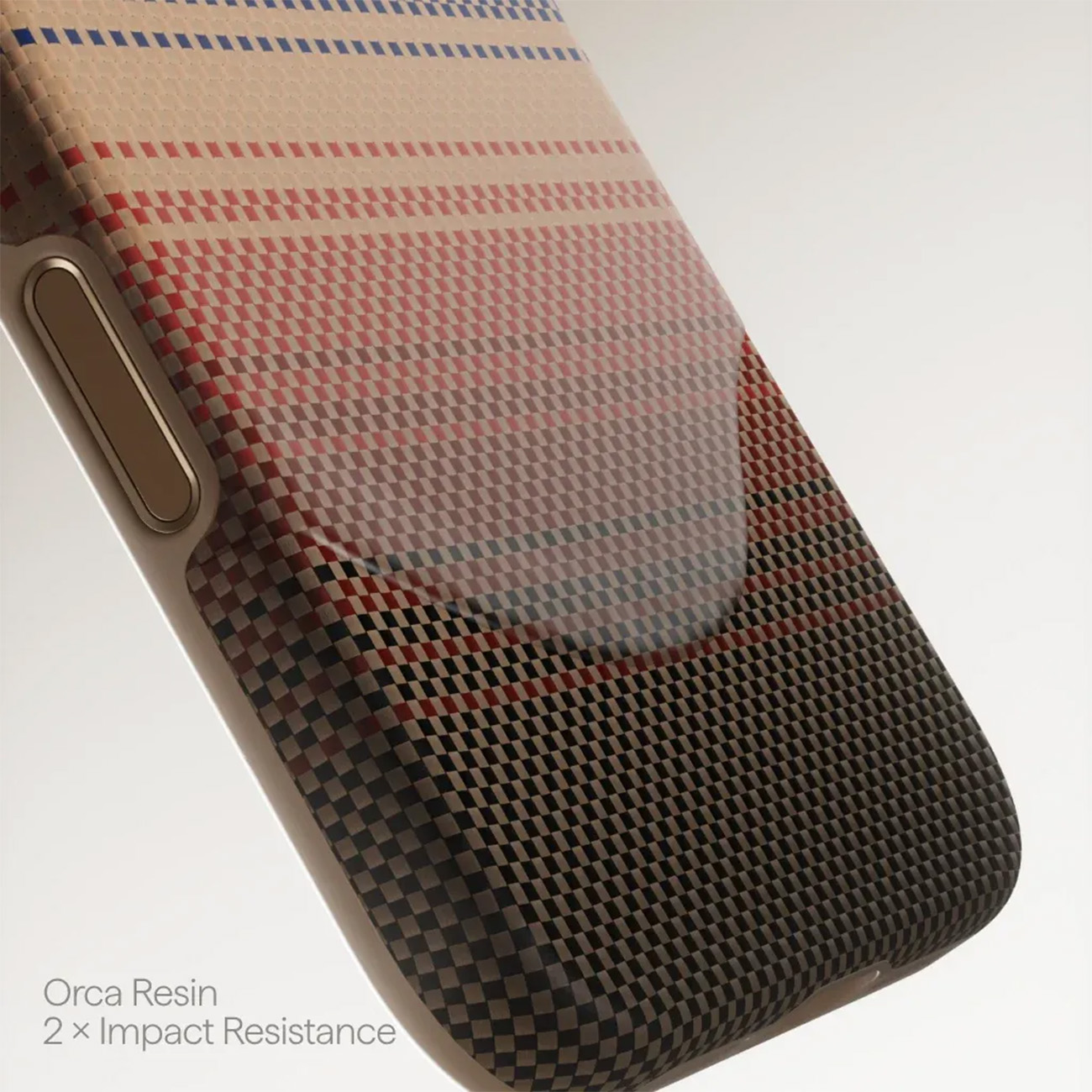 Una funda de teléfono con un patrón de cuadrados rojos, azules y negros.