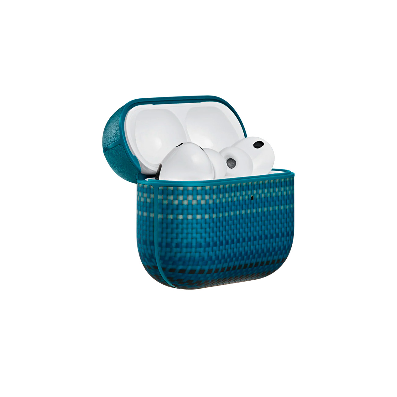 Funda azul con AirPods, sobre fondo blanco.