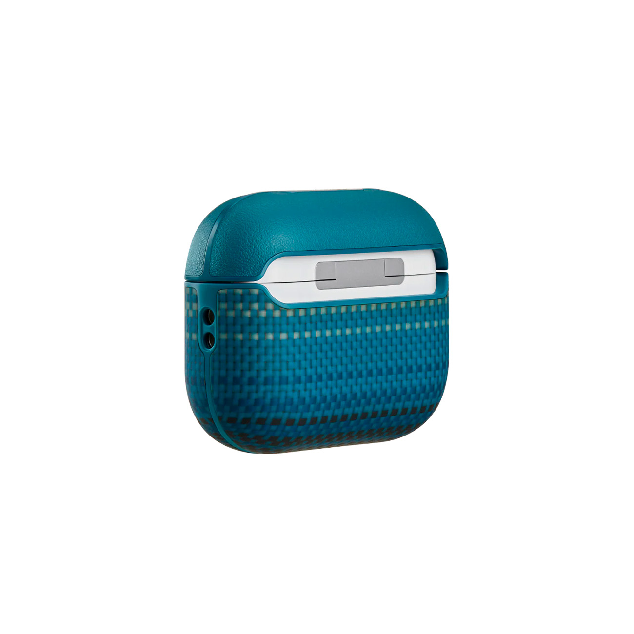 Funda de carga de auriculares azul verdoso con ranura blanca y textura a cuadros.