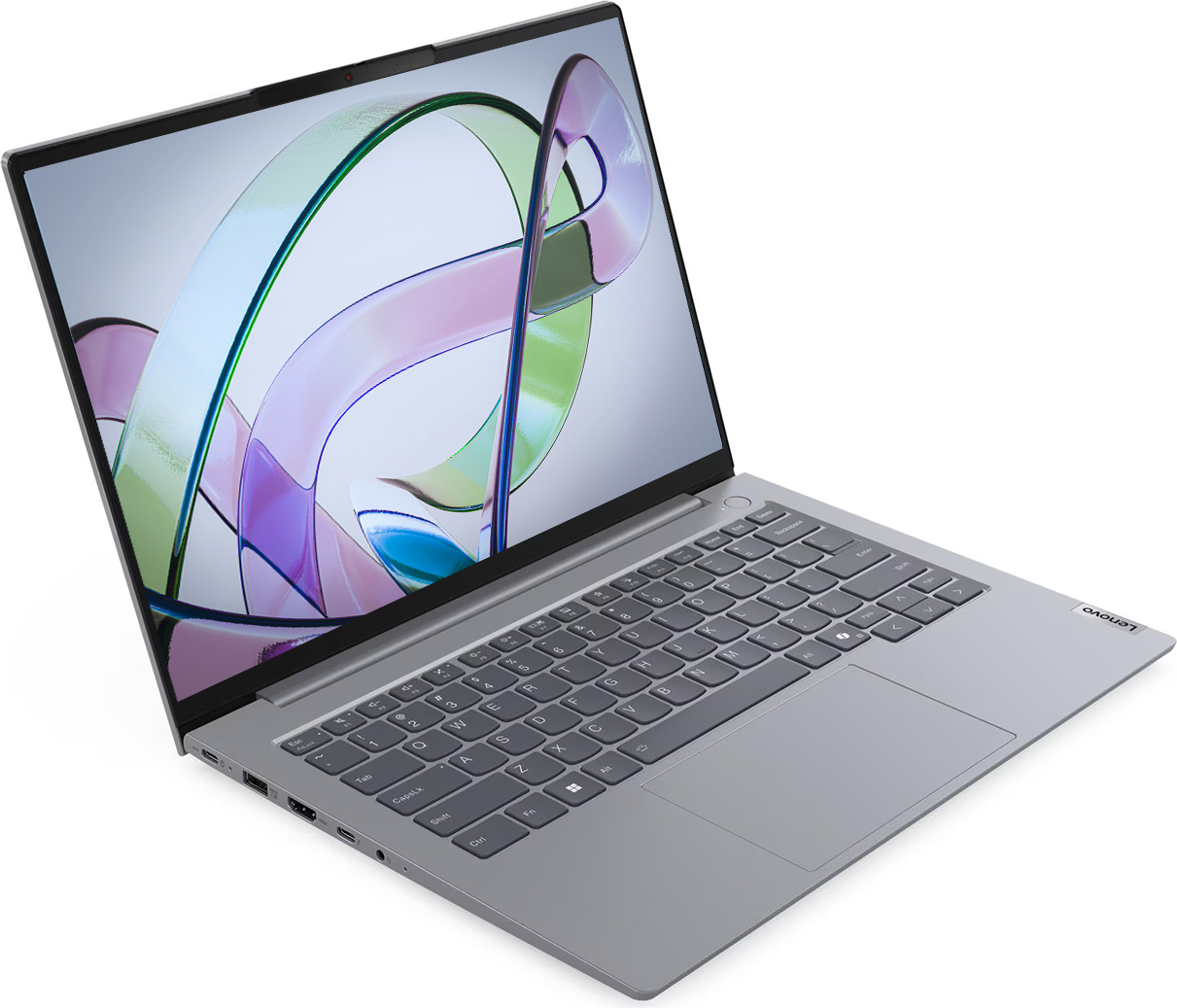 Soyut, renkli bir desen gösteren açık ekranlı gri bir Lenovo dizüstü bilgisayar.