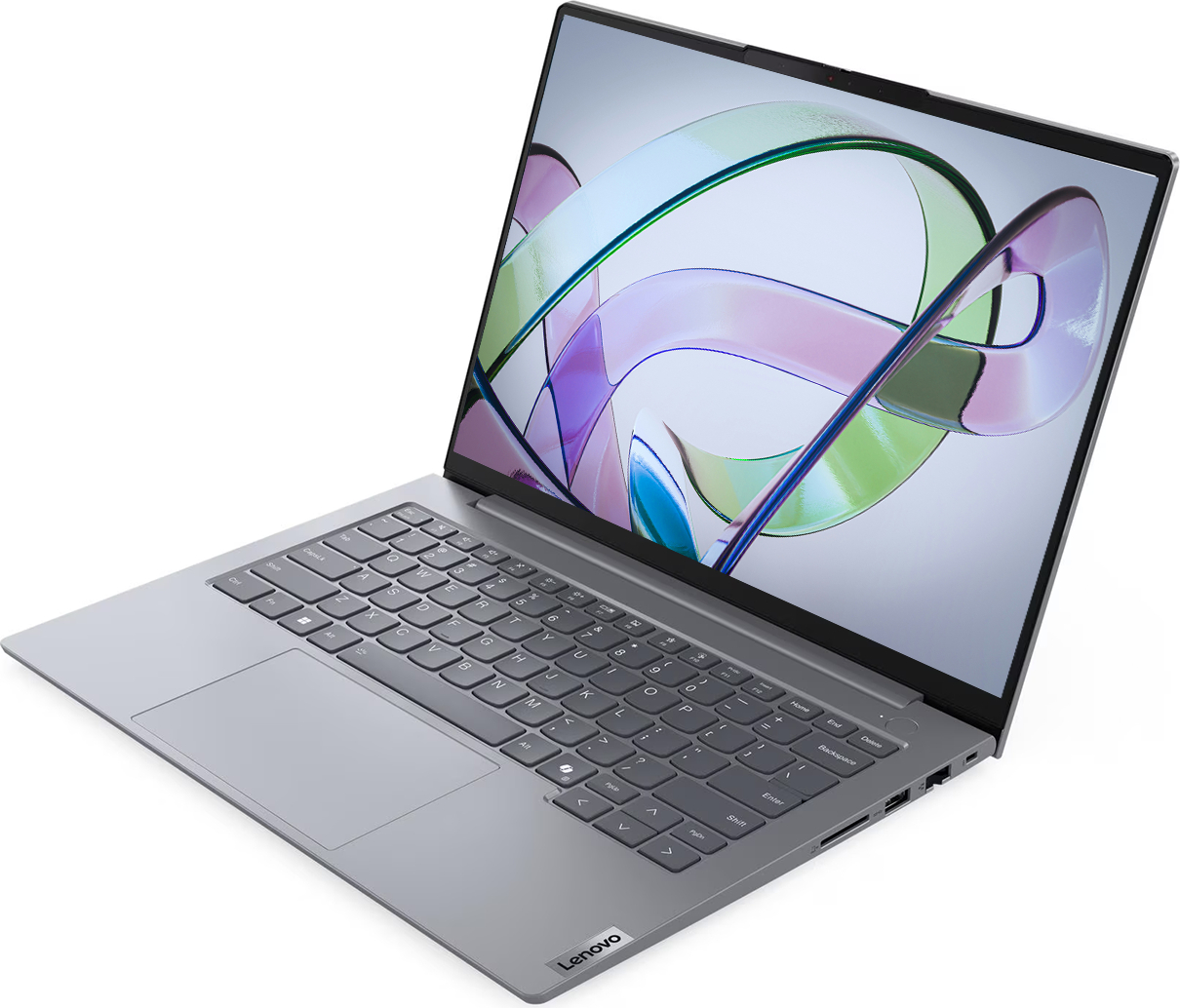 Gümüş renkli Lenovo dizüstü bilgisayar açık, ekranında renkli soyut duvar kağıdı var.