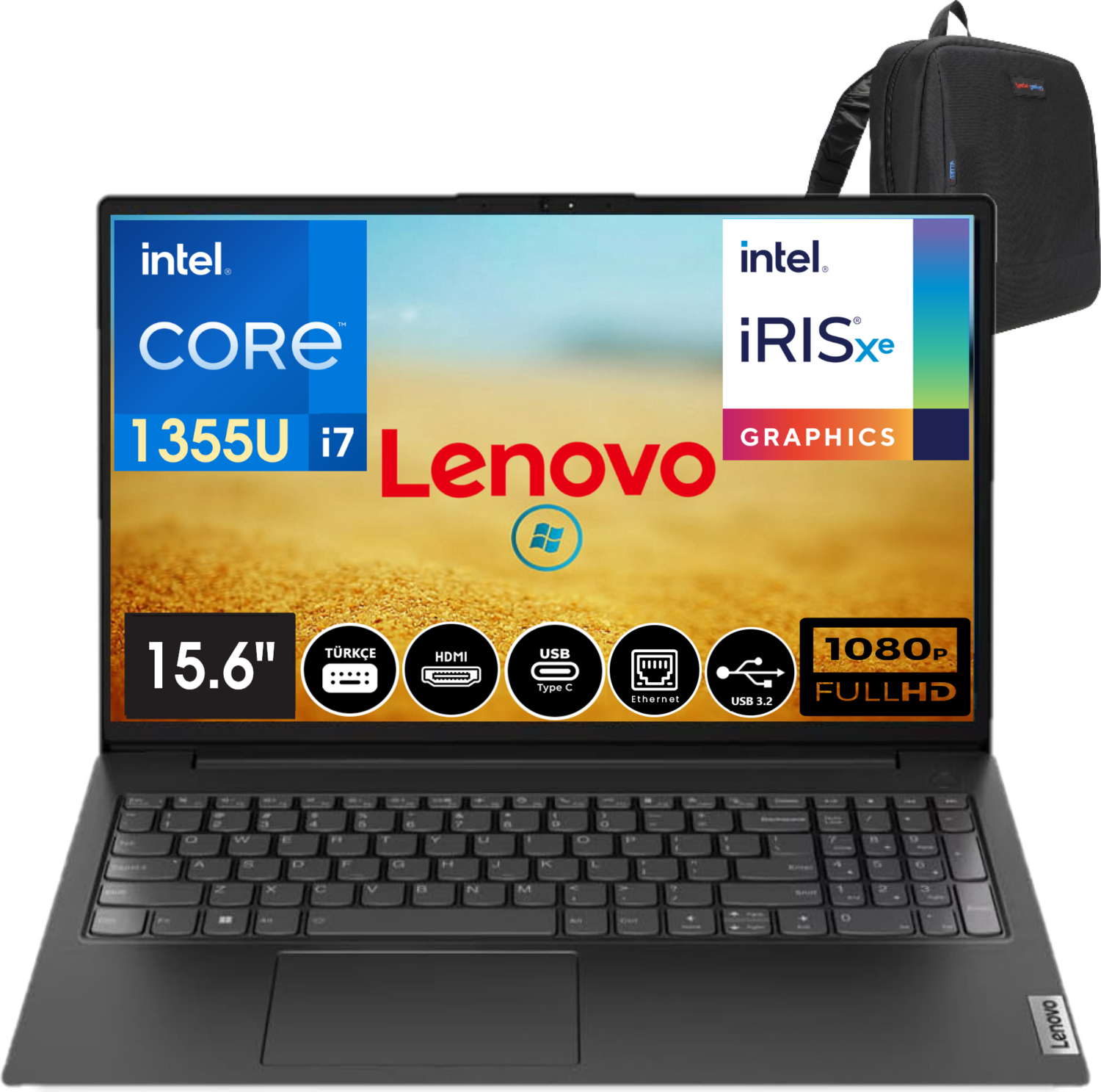 Arkada sırt çantası olan 15,6 inç ekranlı siyah Lenovo dizüstü bilgisayar.