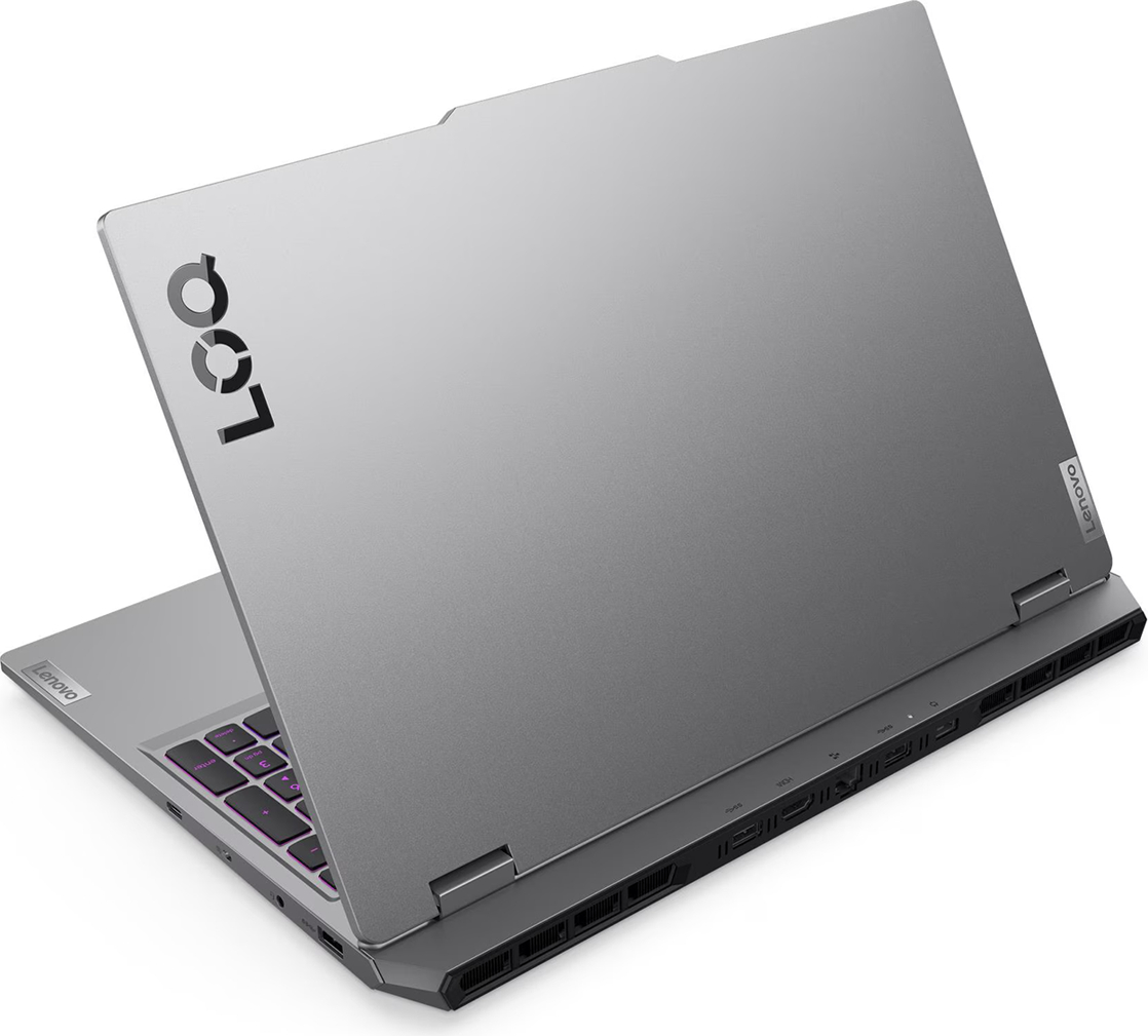 Mor aydınlatmalı klavyeli gümüş Lenovo dizüstü bilgisayar, açık.