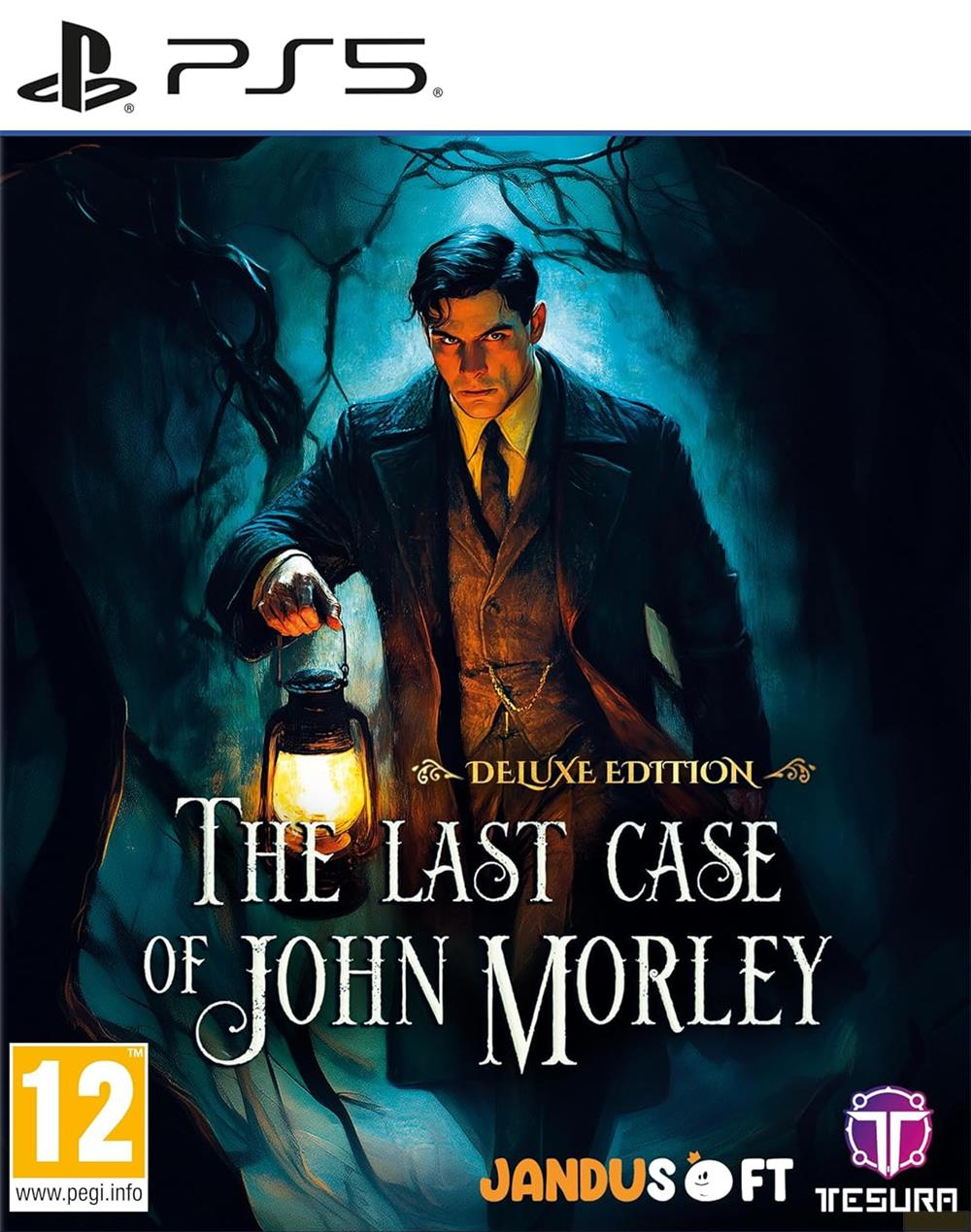 Uomo con lanterna nel buio, copertina gioco PS5 'The Last Case of John Morley'.