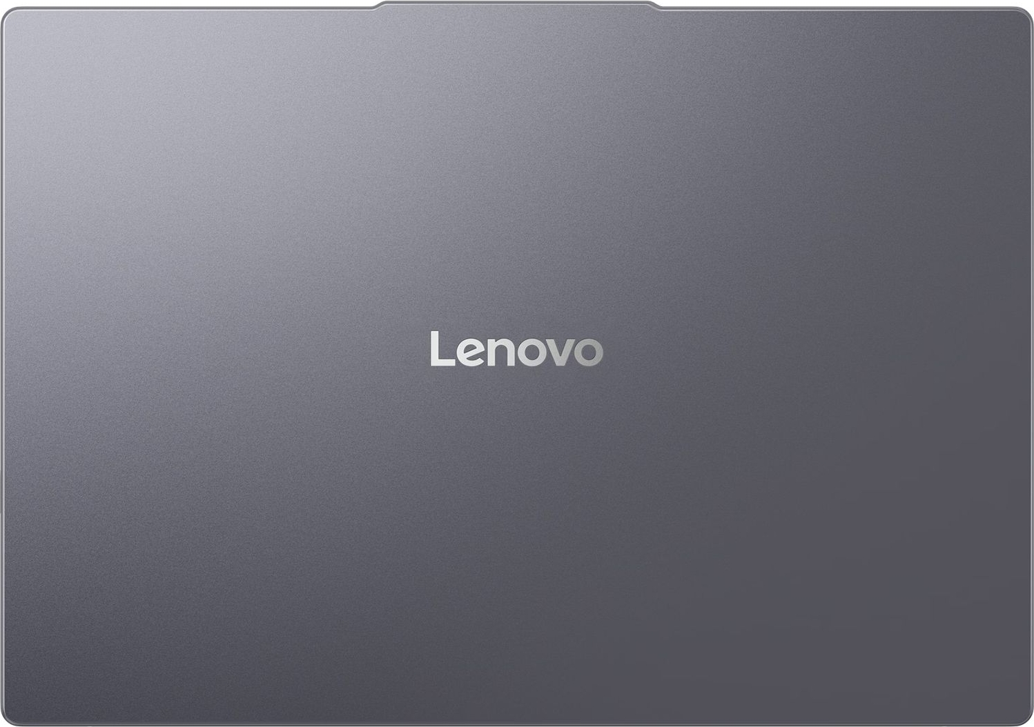 Ortasında gümüş Lenovo logosu bulunan gri dizüstü bilgisayar.