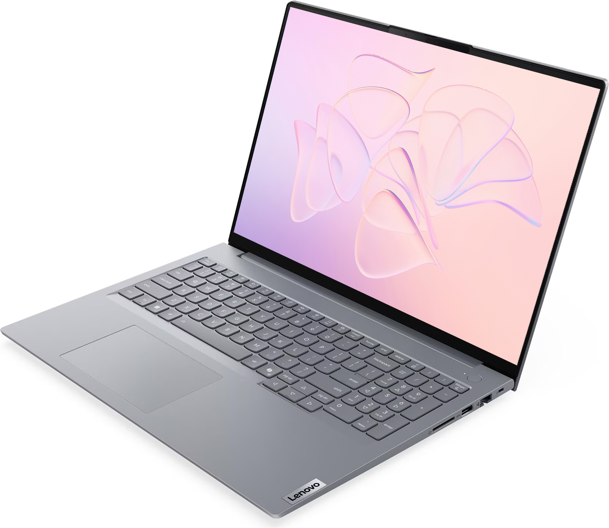 Ekranında soyut, pastel renkli arka plana sahip gri bir Lenovo dizüstü bilgisayar.