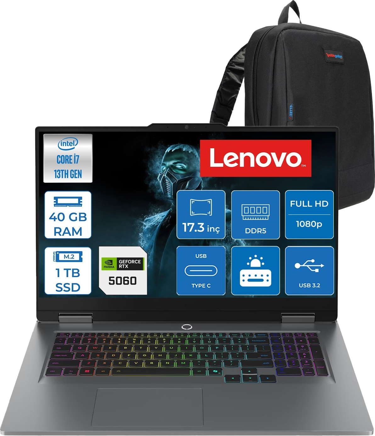 Intel Core i7, 40GB RAM, 1TB SSD, RTX 5060 özellikli Lenovo dizüstü ve sırt çantası.