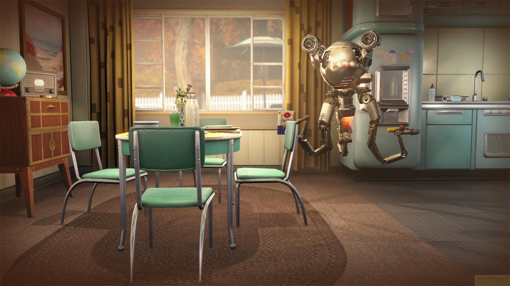 Retro kuchnia z robotem. Zielone krzesła przy stole, drewniana szafka i turkusowy blat.