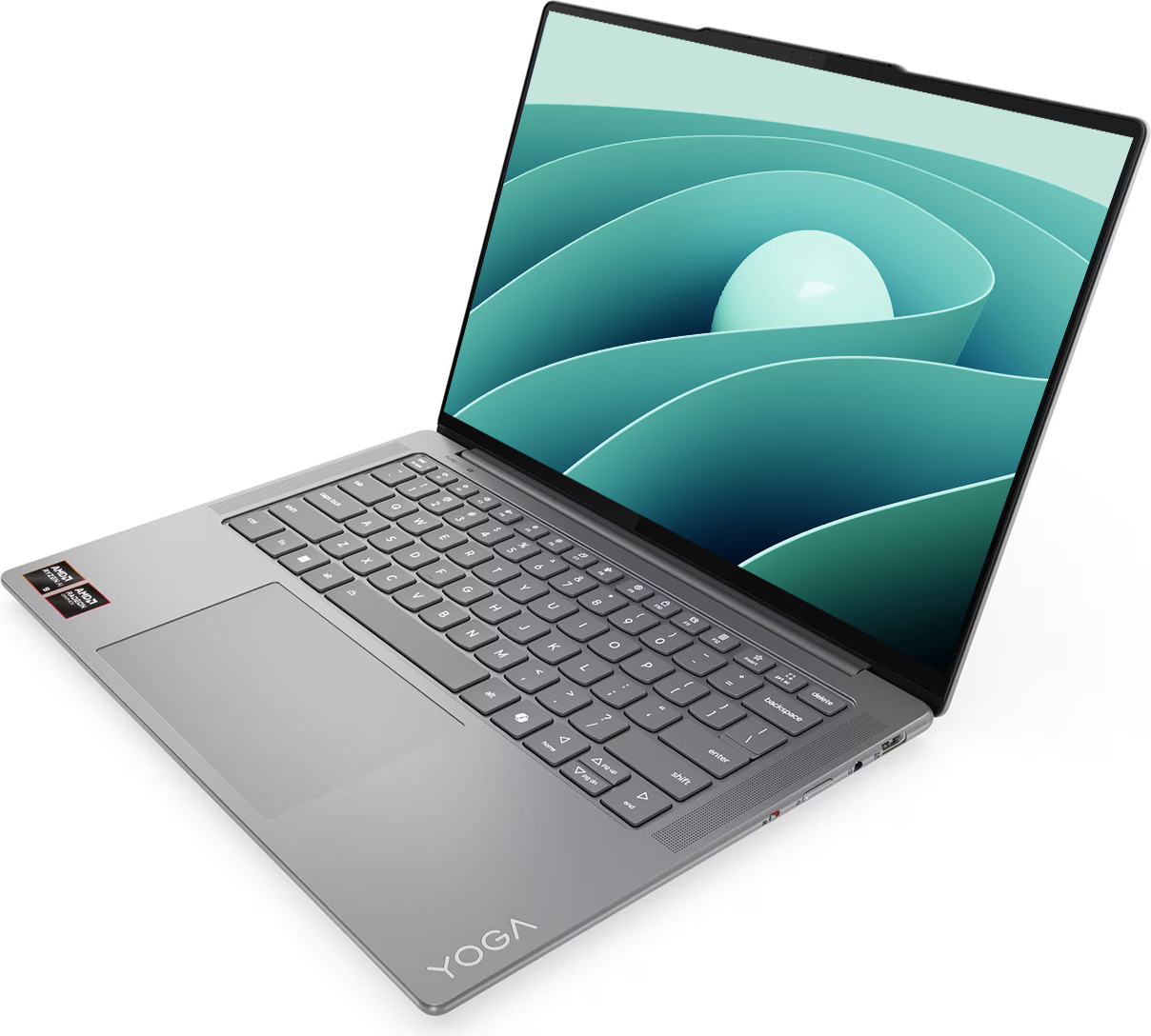 Ekranında yeşil soyut duvar kağıdı olan gümüş Lenovo Yoga dizüstü bilgisayar.