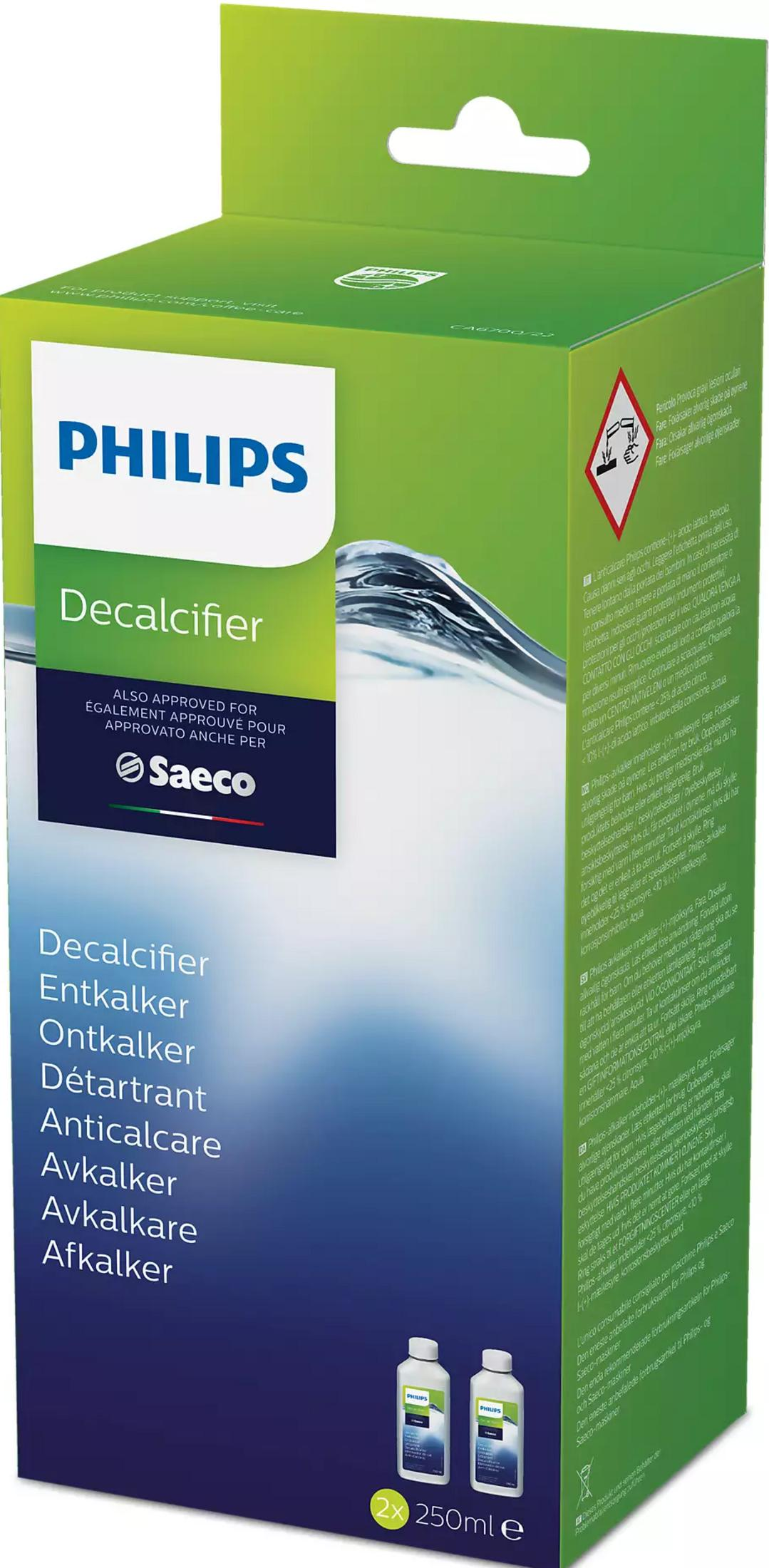 Philips Entkalker-Verpackung mit Warnsymbolen und mehrsprachigen Hinweisen.