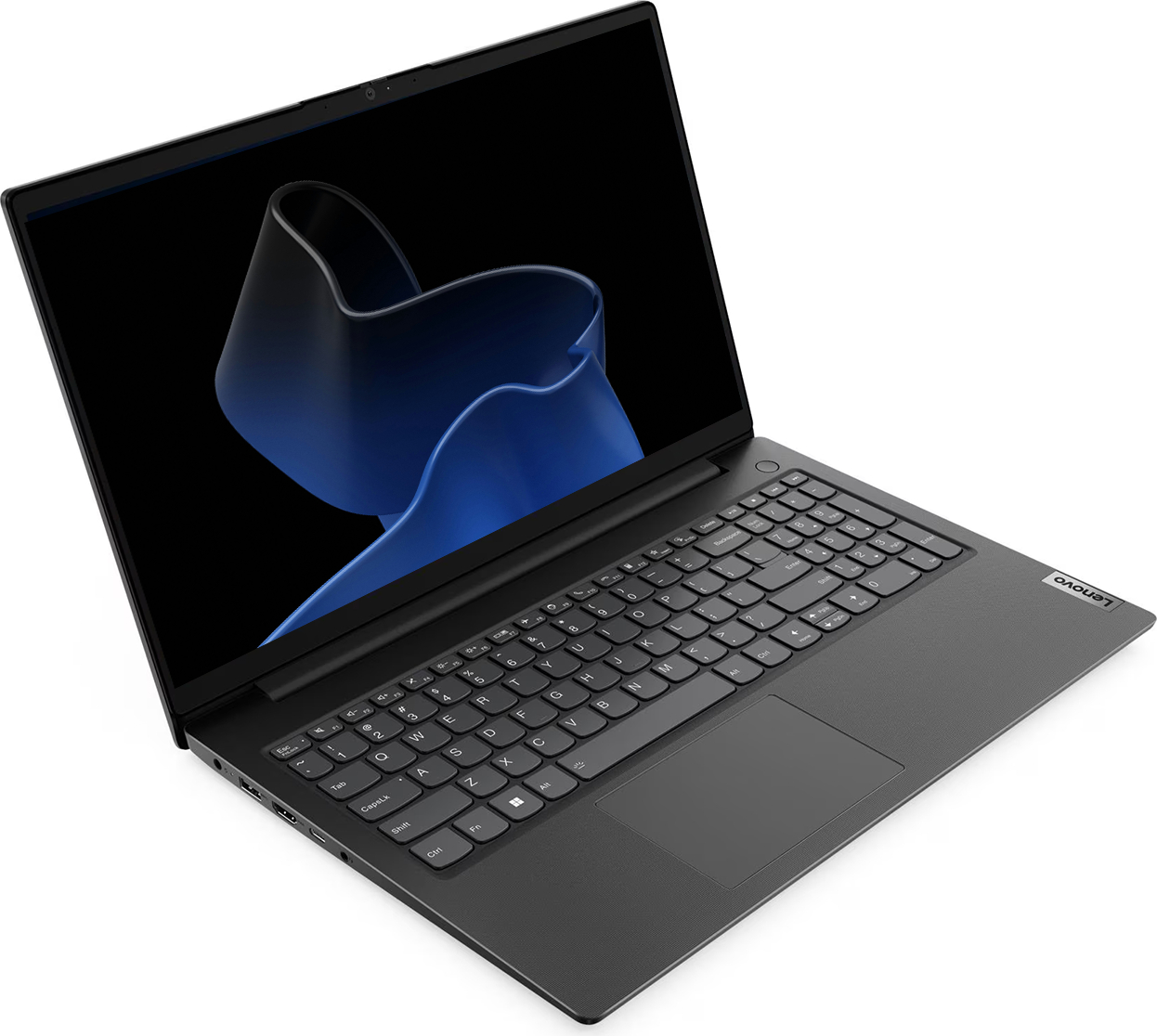Mavi soyut bir arka planı gösteren açık siyah bir Lenovo dizüstü bilgisayar.