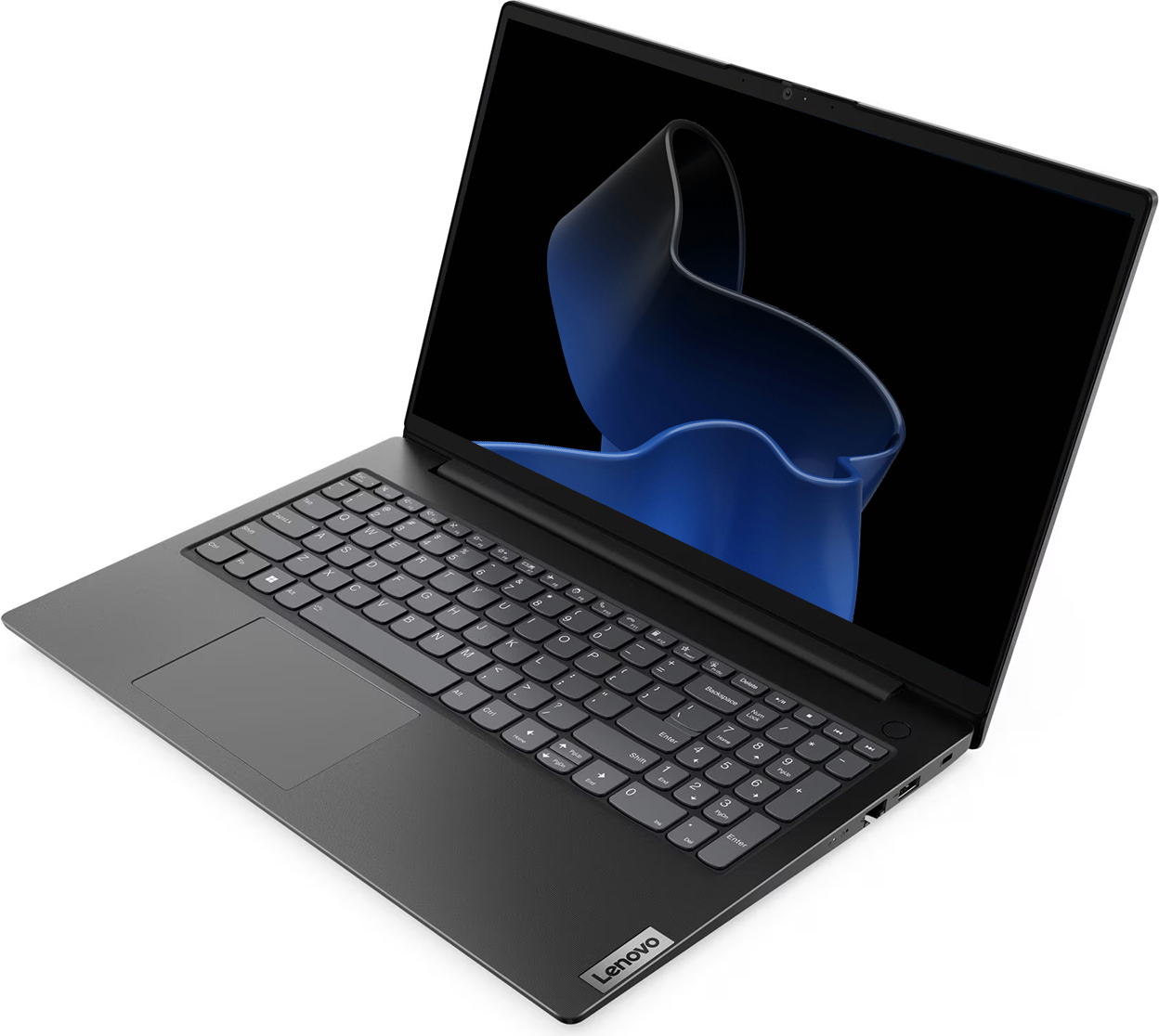 Mavi soyut ekran koruyuculu açık siyah Lenovo dizüstü bilgisayar.