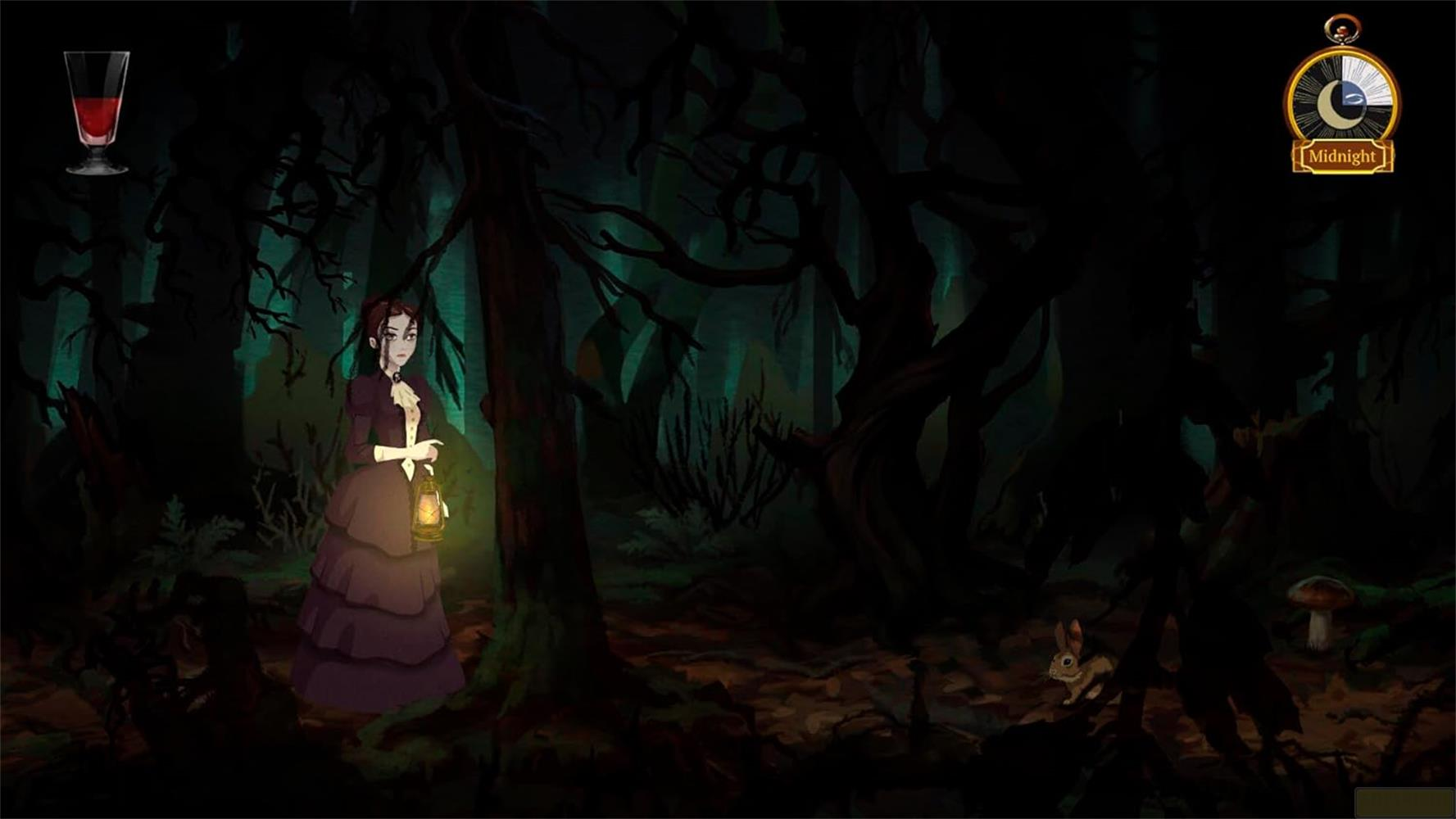 Una mujer con linterna en un bosque oscuro, cerca de un vaso y un conejo.