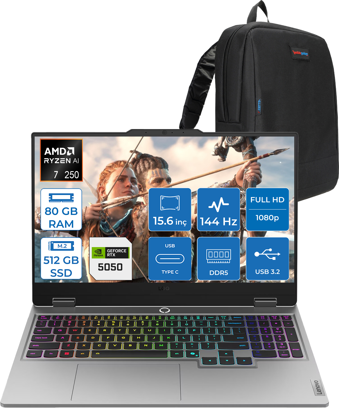 Ryzen 7, 80GB RAM, 512GB SSD gümüşi laptop. Siyah sırt çantası.