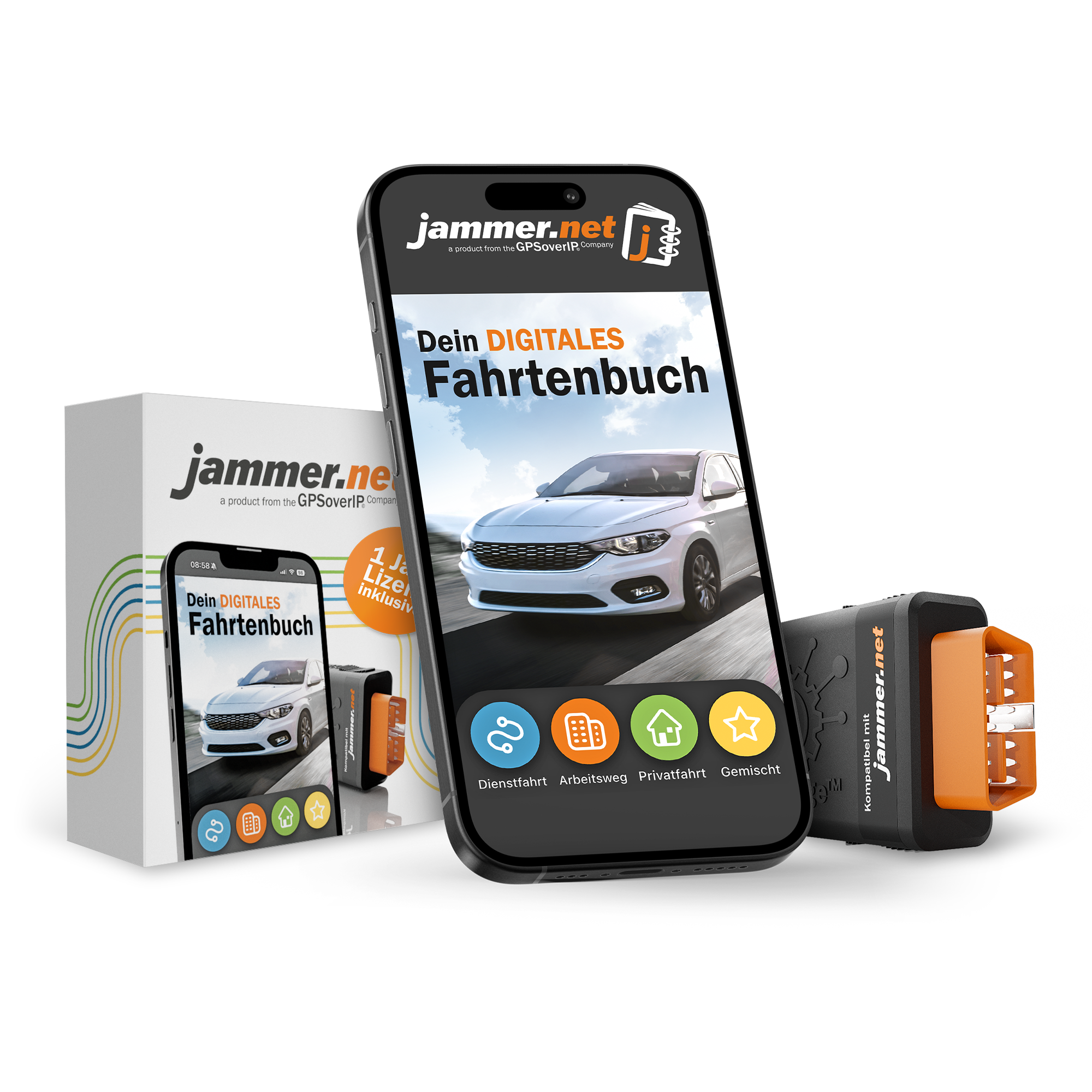 Ein Smartphone mit Fahrtenbuch-App, eine Box und ein Kfz-Stecker.
