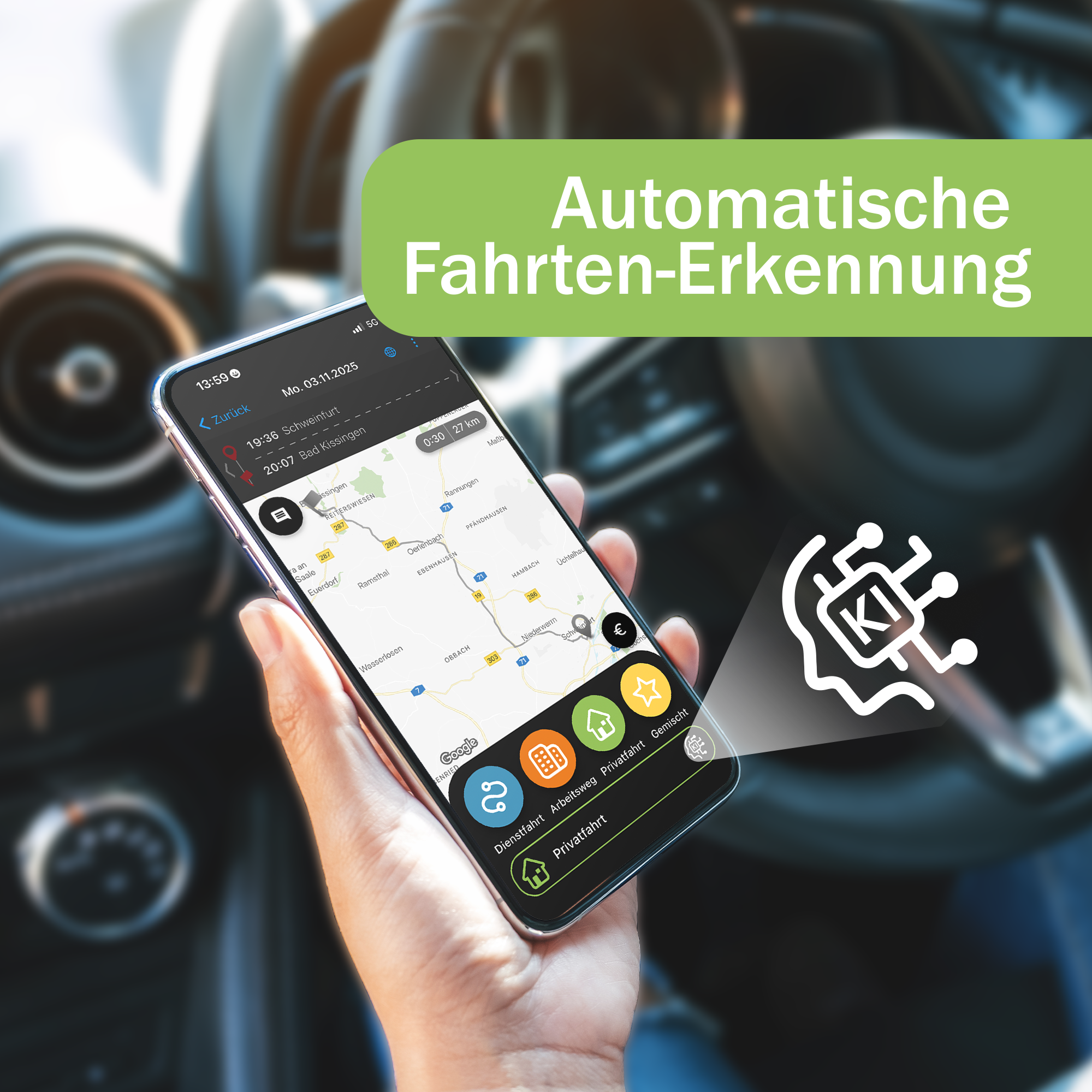 Eine Hand hält ein Smartphone im Auto, das eine App zur automatischen Fahrten-Erkennung anzeigt.