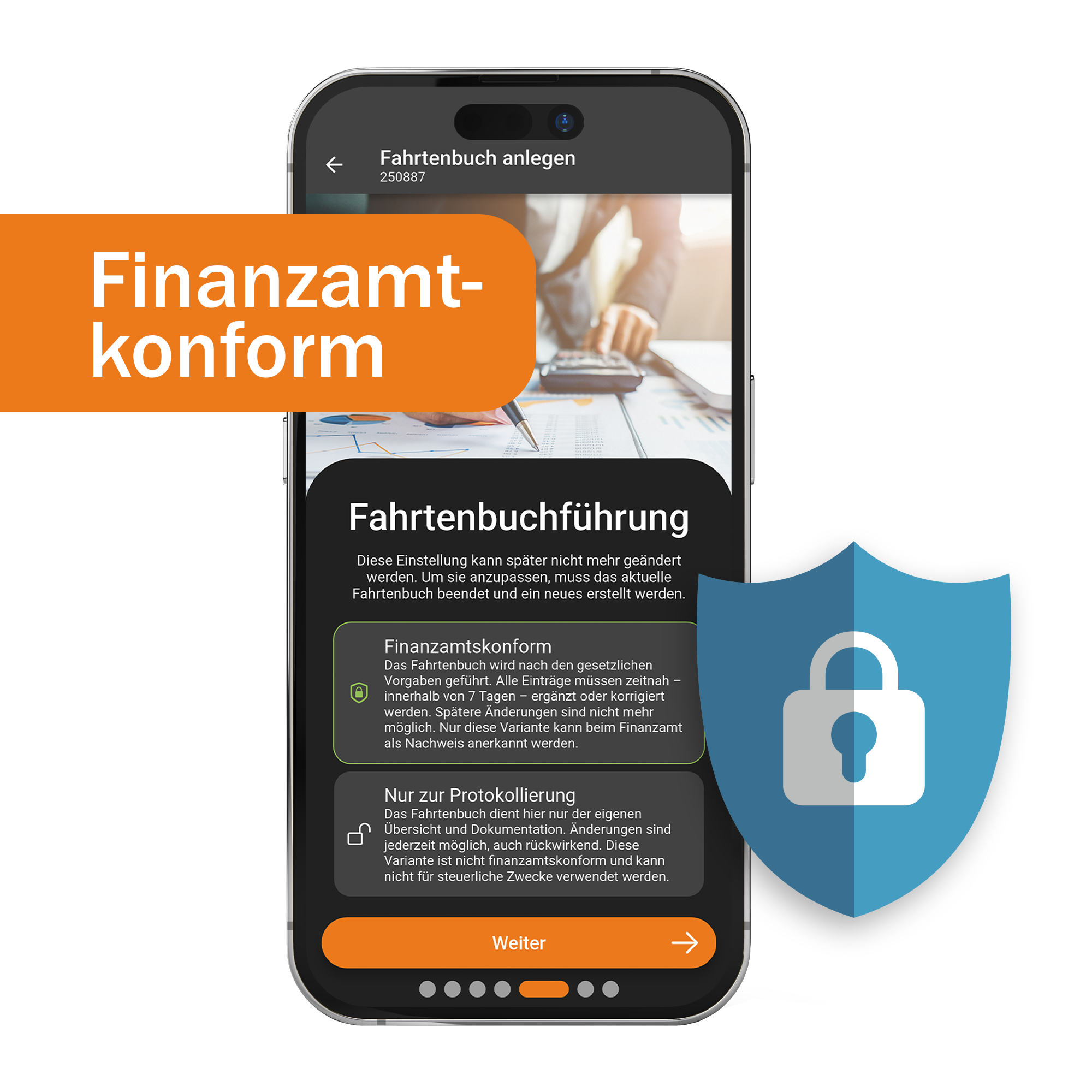 Smartphone-App zeigt Fahrtenbuchführung mit Optionen Finanzamtskonform und Protokollierung.