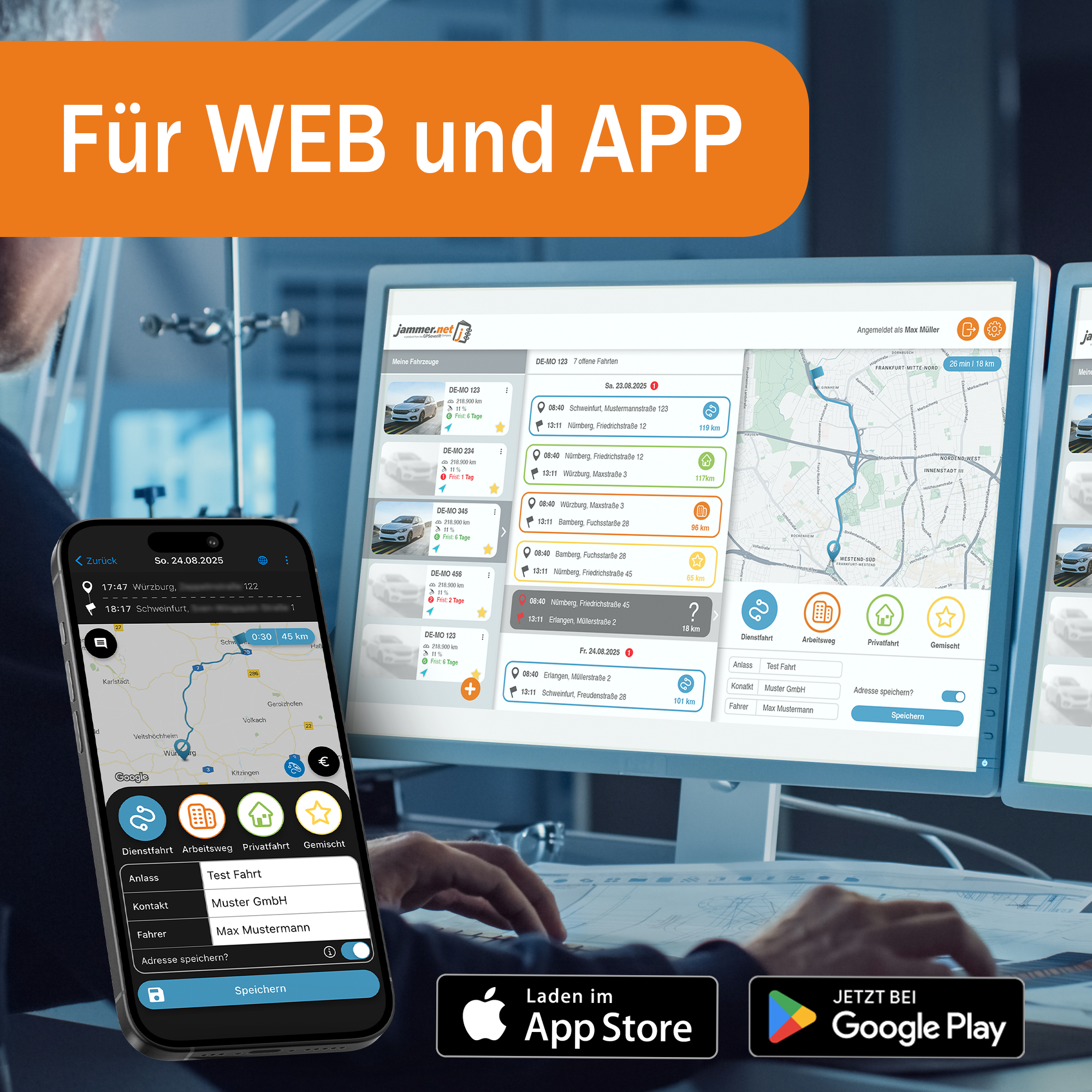 Bildschirm zeigt App für Web und App mit Fahrtenliste und Karte.