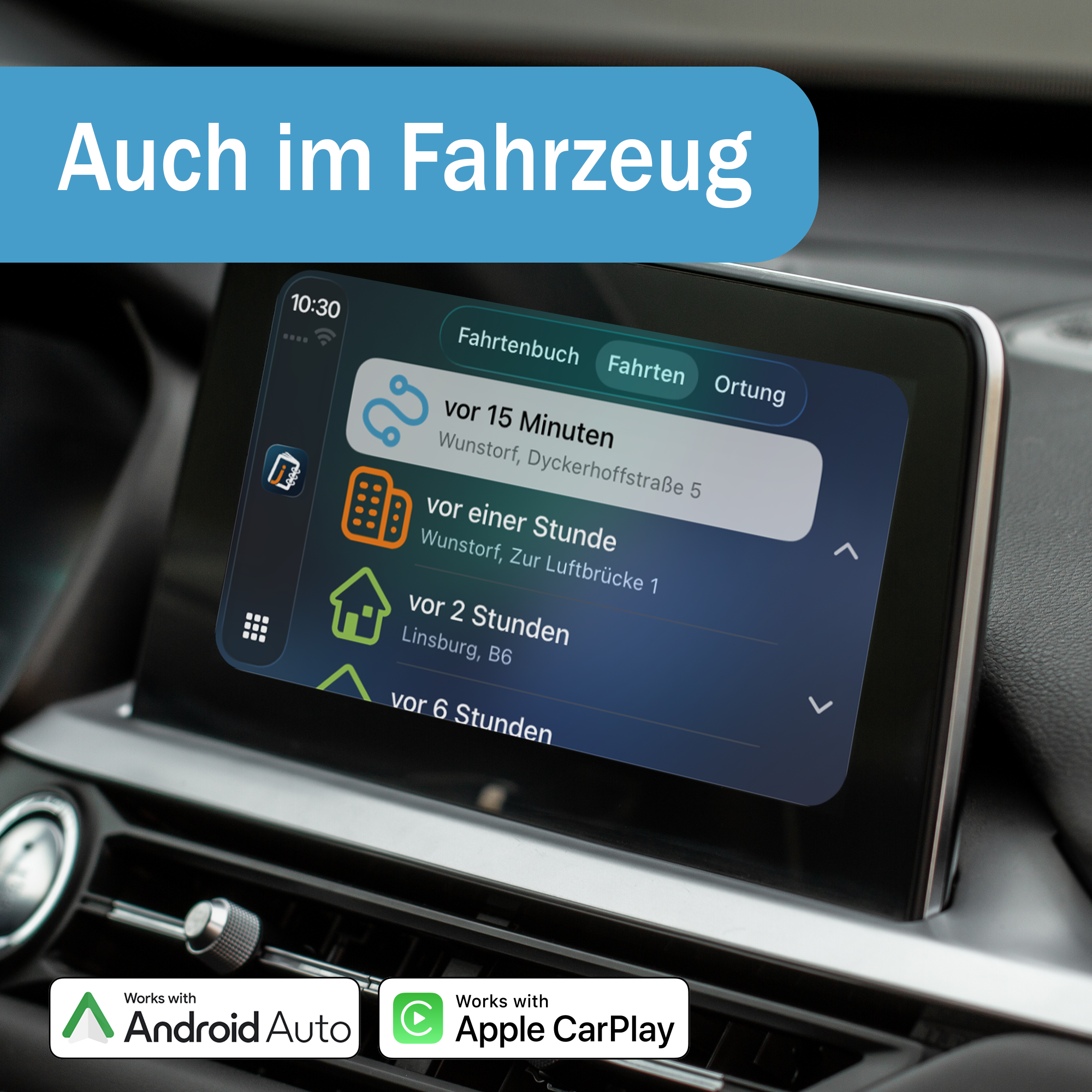 Auto-Infotainment mit Fahrtenbuch-App, Android Auto & Apple CarPlay.