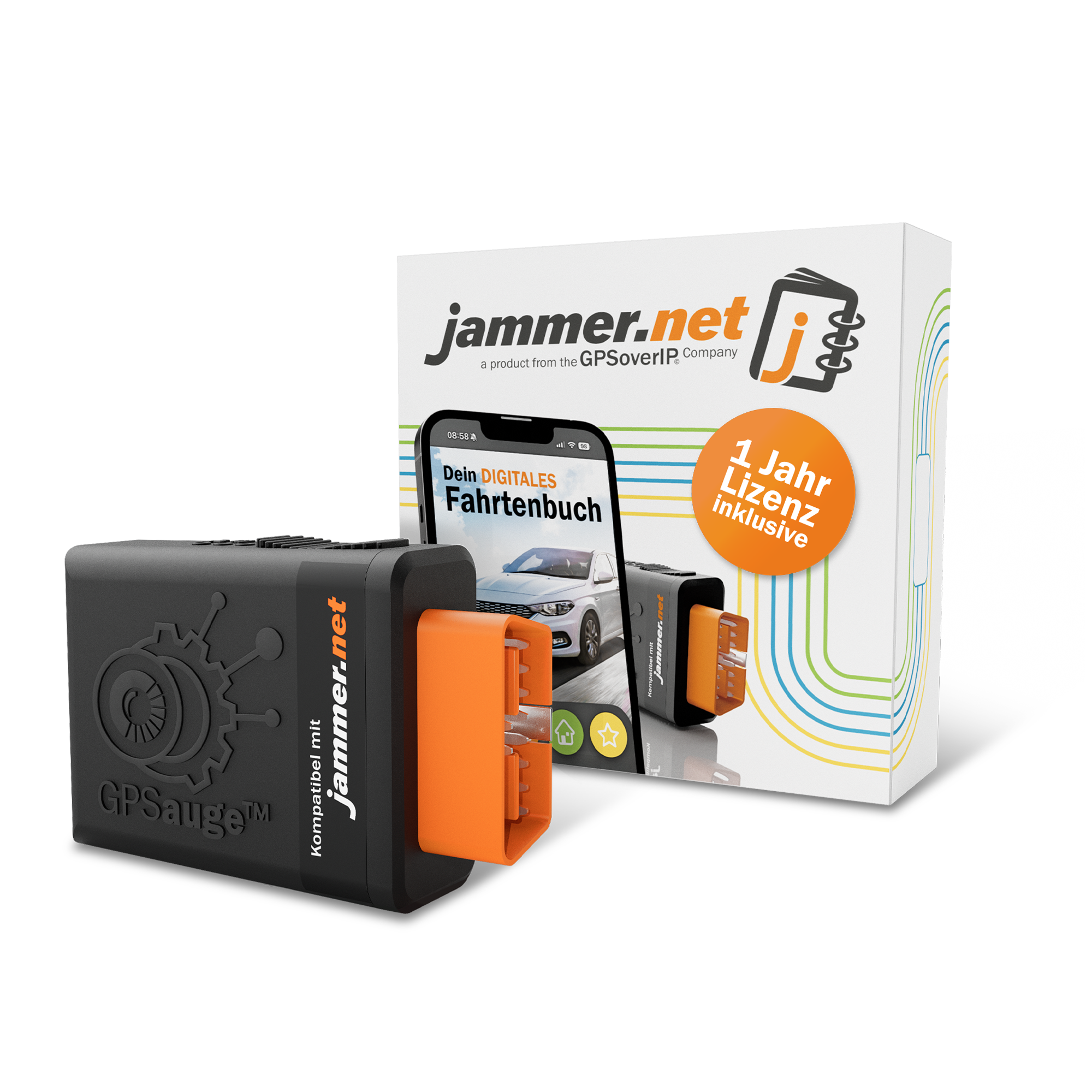 Ein schwarzer GPS-Tracker mit orangefarbenem Stecker neben einer Verpackung.