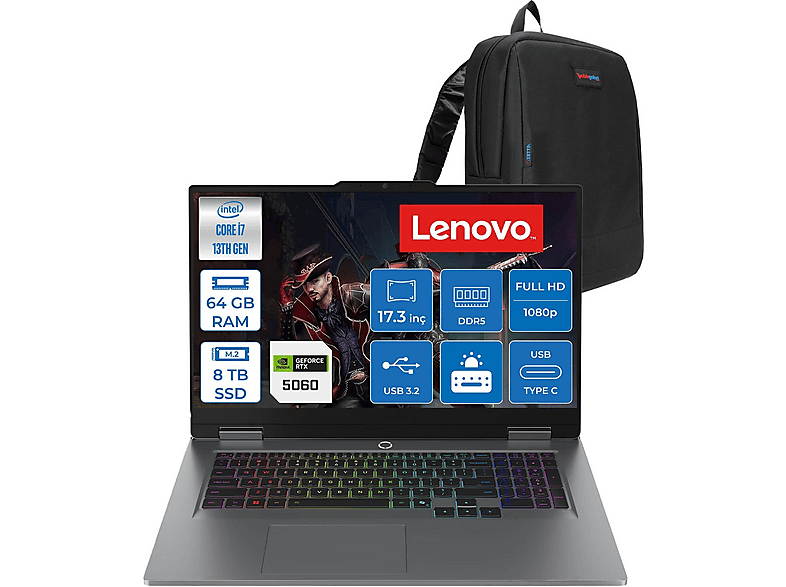 LENOVO LOQ 17IRX10 RTX5060 8GB FHD 165Hz W83JH006ETRF36 Intel® Core™ i7-13650HX 64 GB RAM 8 TB SSD 17,3 inç FreeDOS Laptop+Çanta Gri