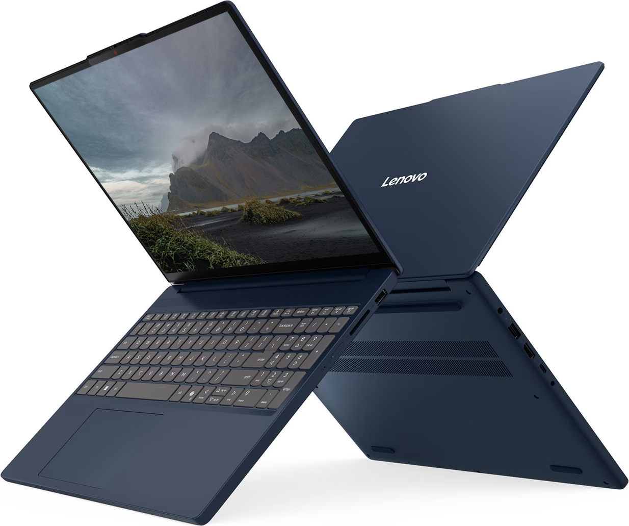Ekranında manzara gösteren açık, lacivert bir Lenovo dizüstü bilgisayar.