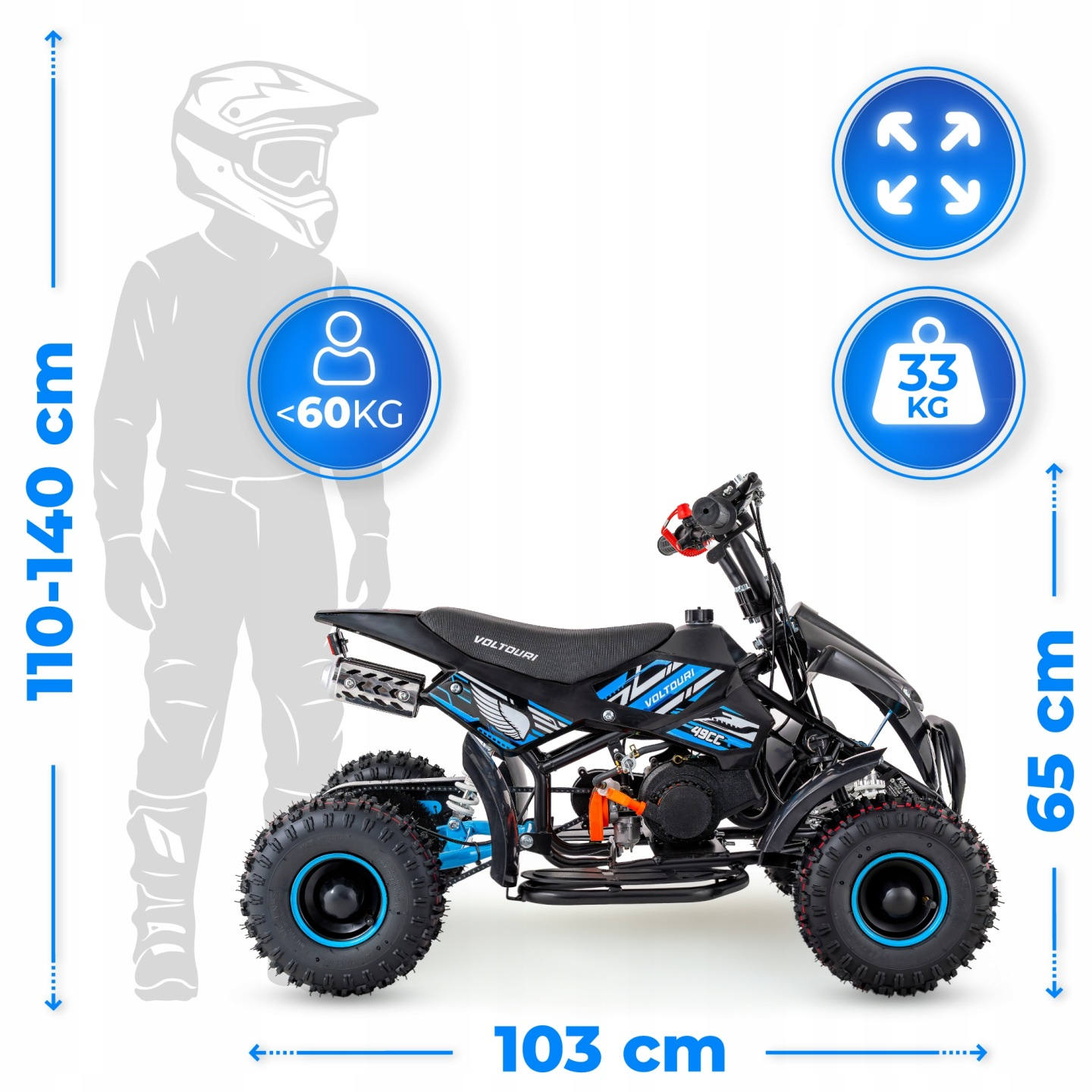 Czarny quad dziecięcy z niebieskimi akcentami, obok sylwetki jeźdźca.