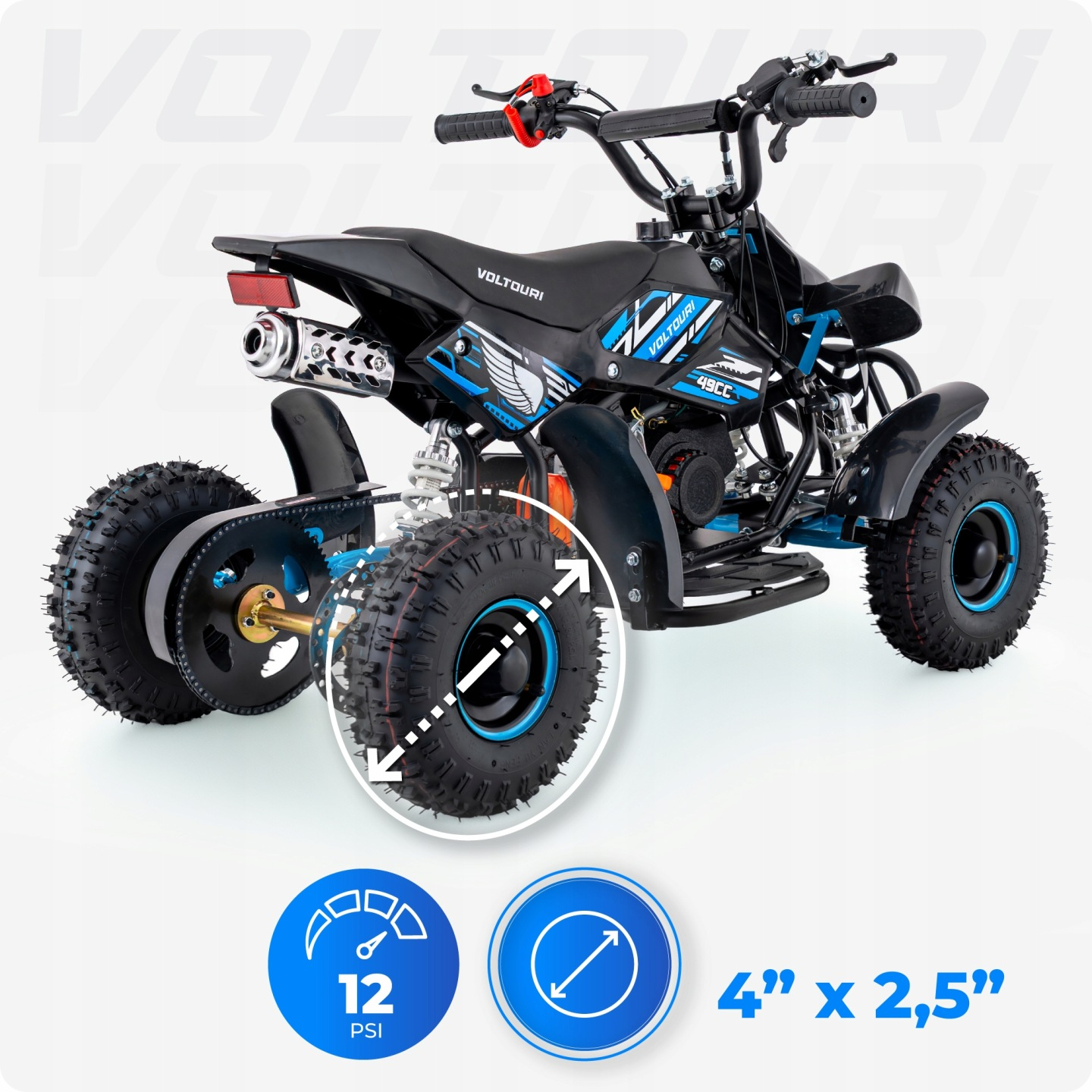 Czarny quad z niebieskimi akcentami, 49cc, 12 PSI, opony 4" x 2,5".
