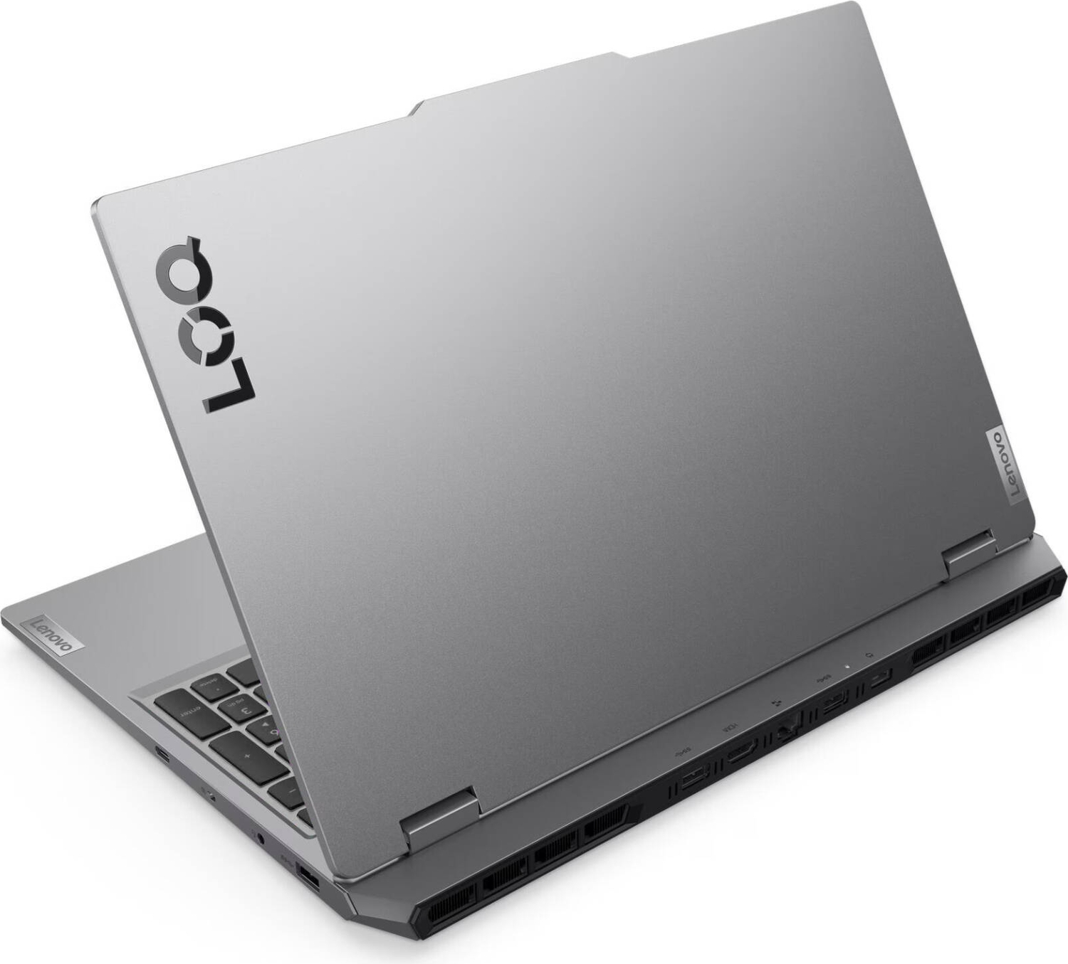 Gri renkli Lenovo LOQ dizüstü bilgisayar açık, klavye ve yan portları görünüyor.