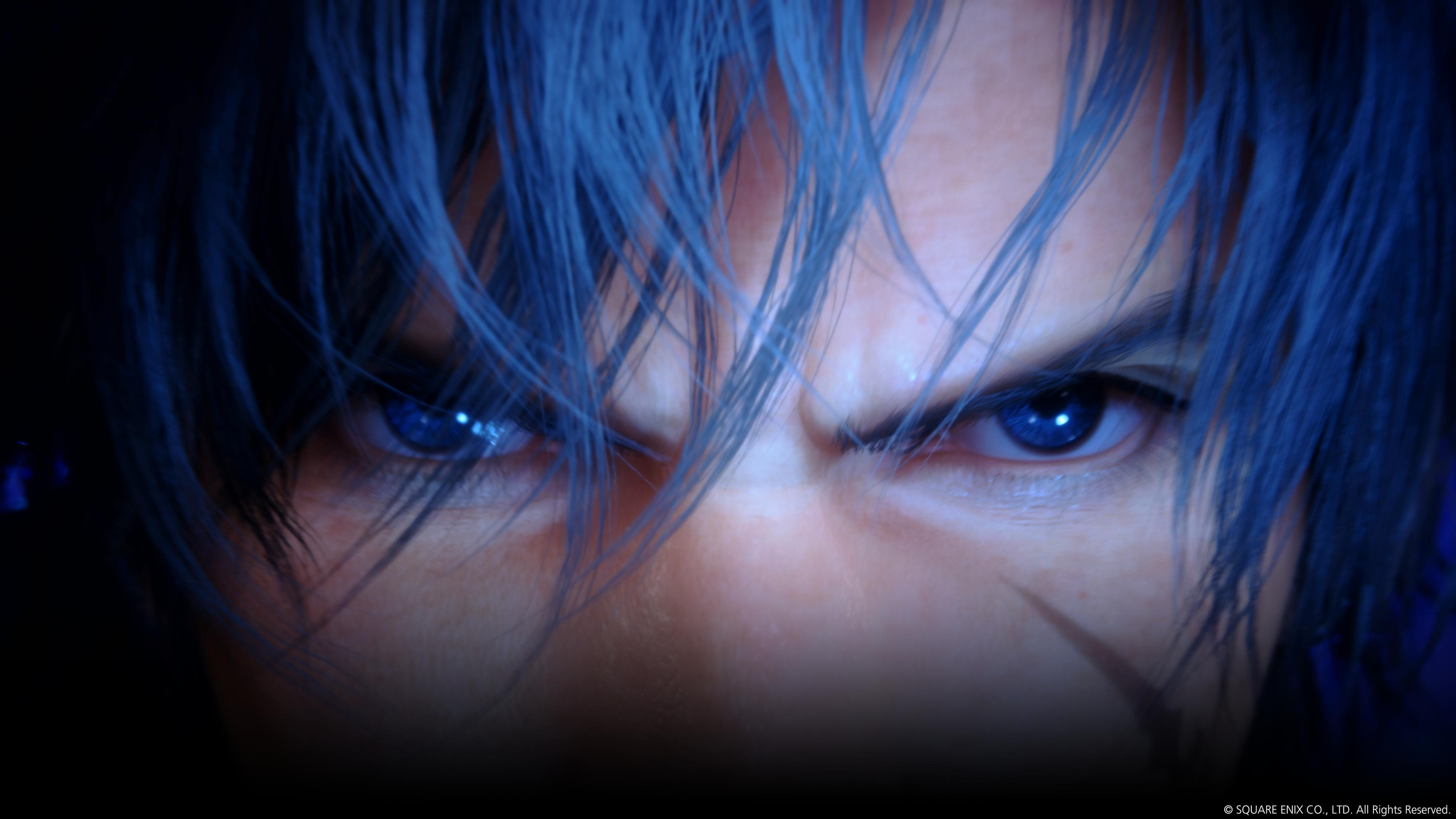 Primo piano del viso di un uomo con occhi e capelli blu.