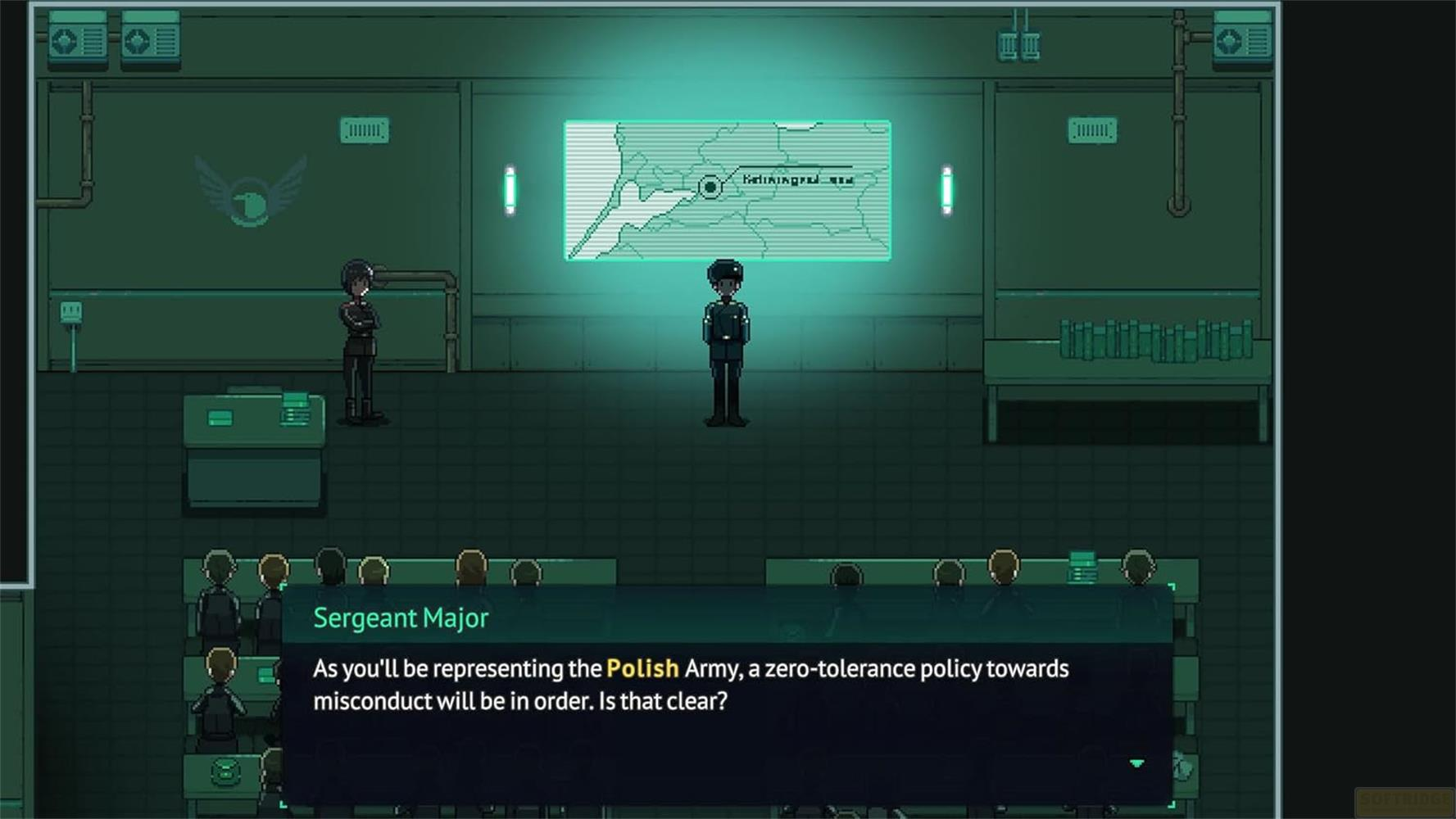 Scena pixel art: Uomo davanti a mappa, Sergente Maggiore si rivolge ai soldati.